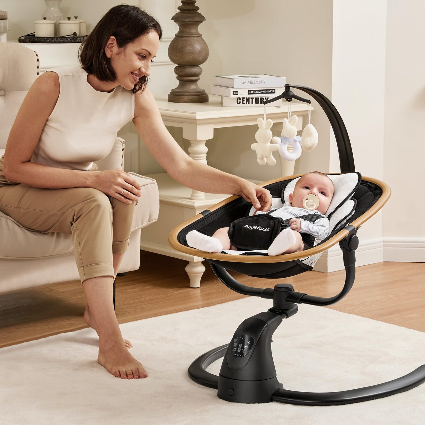 Angelbliss Baby Swing with Cry Detection, Side-to-Side Electric Swing with 5 Speeds, 180° Rotation, Indoor for Infants and Toddlers (Black)