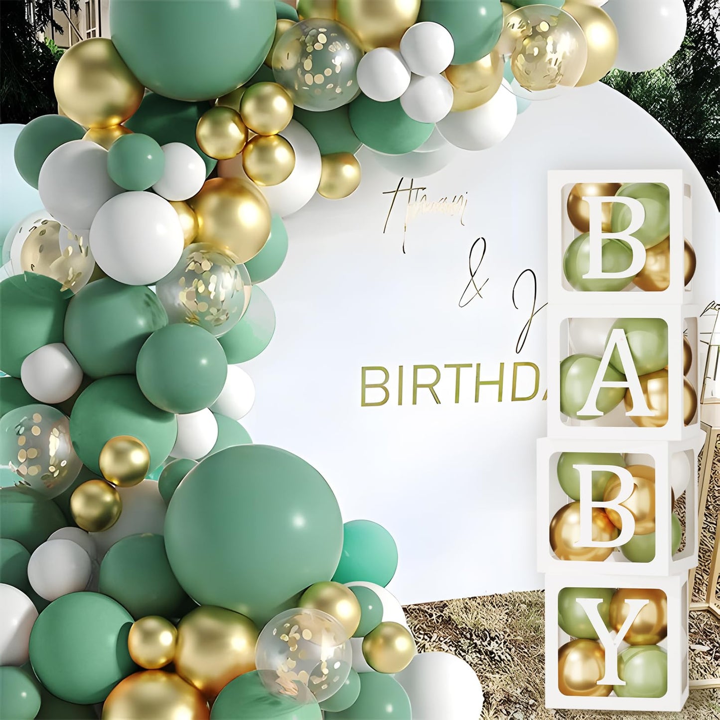 Baby in Bloom Baby Shower Decorations - 116pcs Pink and Sage Green Balloon Arch Kit, BABY in Bloom Backdrop and Baby Boxes with Letters for Pink Floral Baby Shower Decorations for Girl