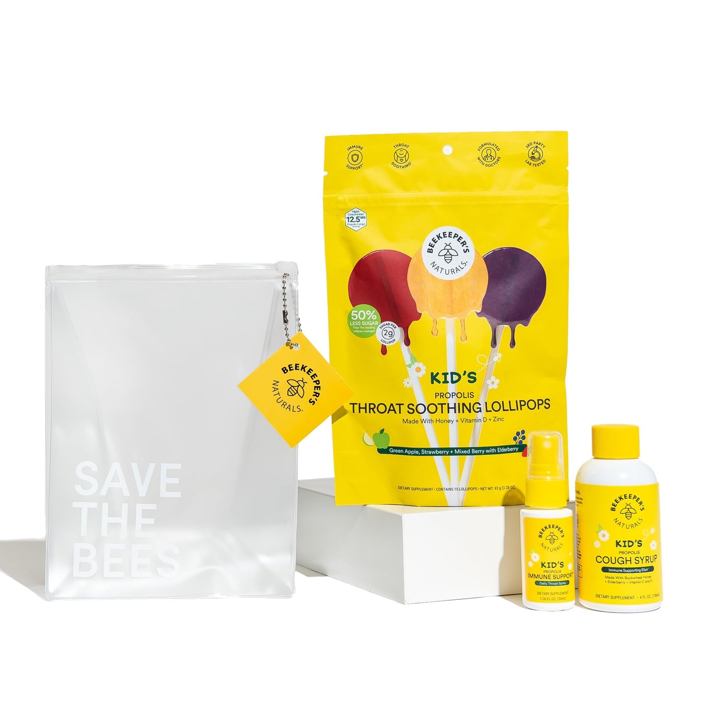 Kids Throat Soothing Lollipops by Beekeeper's Naturals - Doctor Formulated Immune Support, Vitamin D & Honey, Under 2g Sugar, Clean Ingredients,15 ct