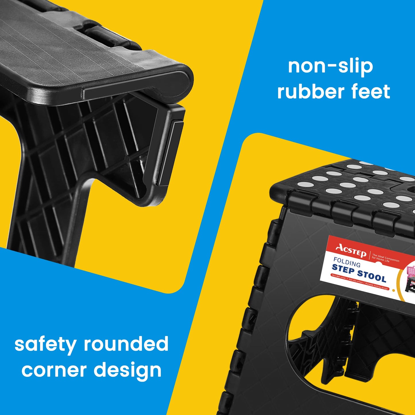 ACSTEP Folding Step Stool 9'' Tall Kids Step Stool Holds Up to 300 lb Plastic Foldable Step Stools for Kids Non-Slip Surface with Carry Handle Collapsible Stool for Home, Outdoor and Indoor(Black)