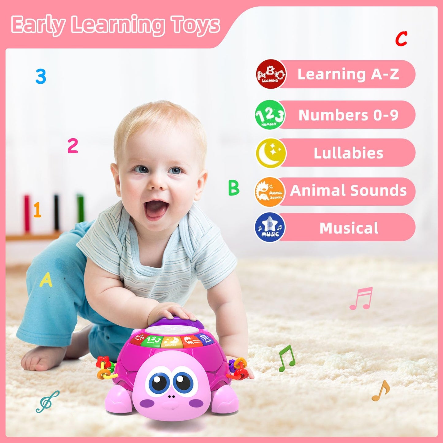 Hanayo Baby Musical Turtle Crawling Girl Toys for 6-18 Months,Infant Early Learning Educational Toy,Baby Girl Gift Essentials for Newborn 7 8 9 11+ Months 1-2 Year Old(Pink)