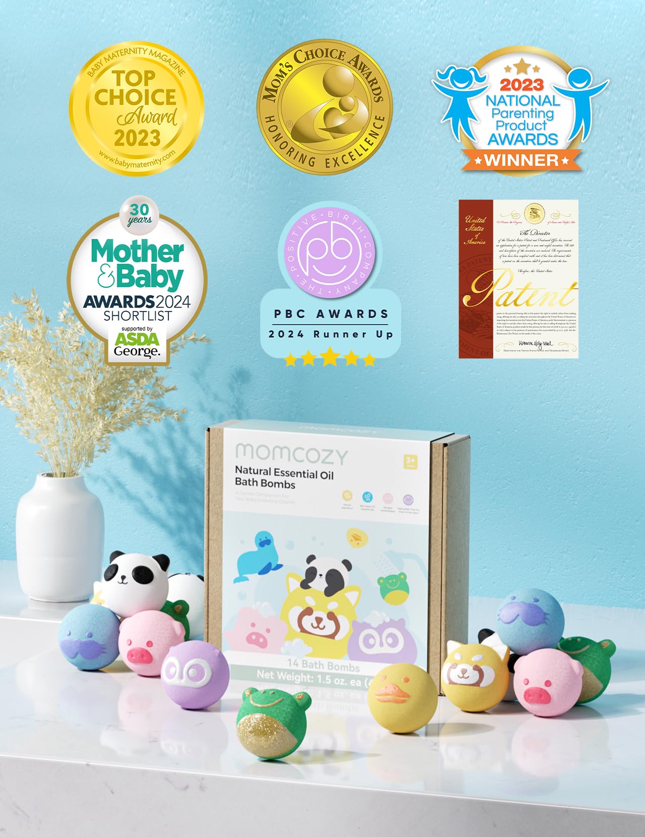 Momcozy Natural&Organic Essential Oil Bath Bombs,14 Pcs Bubble Bath Fizzy Balls with 7 Cute Animal Shapes,Bath Bombs Gift Set for Kids Girls Boys Toddler, Ideal Gift for Children's Day, Bath Bomb Kit