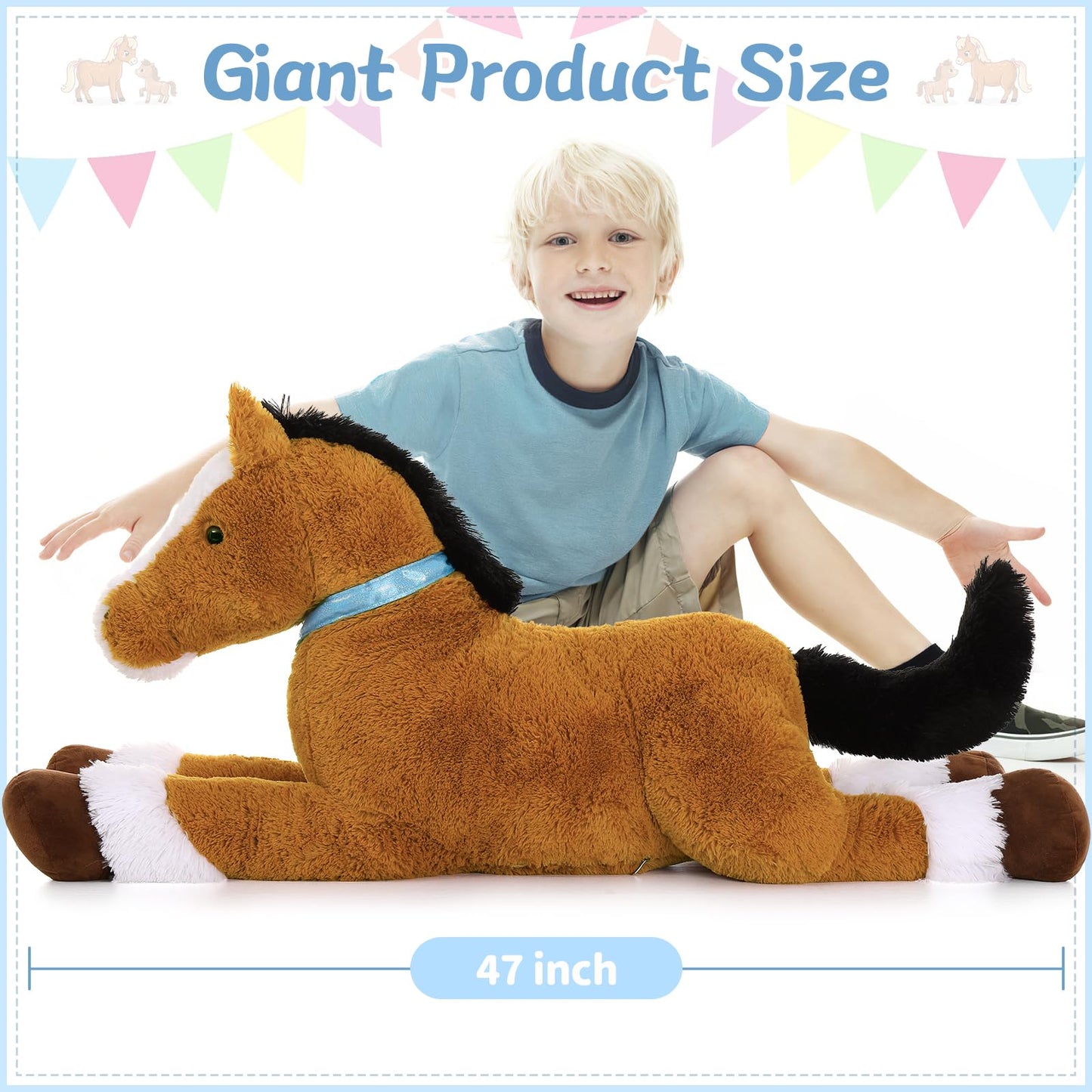 Tezituor 47 Inch Giant Horse Stuffed Animal, 4ft Realistic Chocolate Stuffed Horse Plush Toy, Hugging Soft Horse Pony Plush Pillow for Boys Girls,