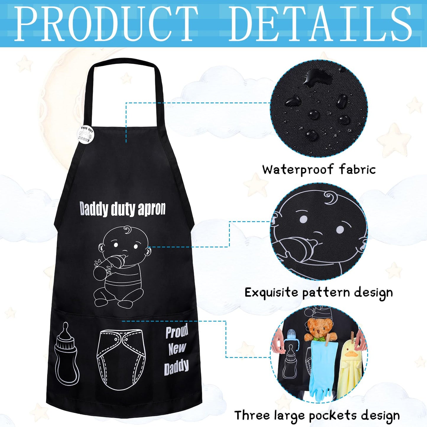7 Pcs Daddy Duty Apron Diaper Duty Apron New Dad Gifts for Baby Shower Gender Reveal First Time New Dad Gifts (Black,Classic)