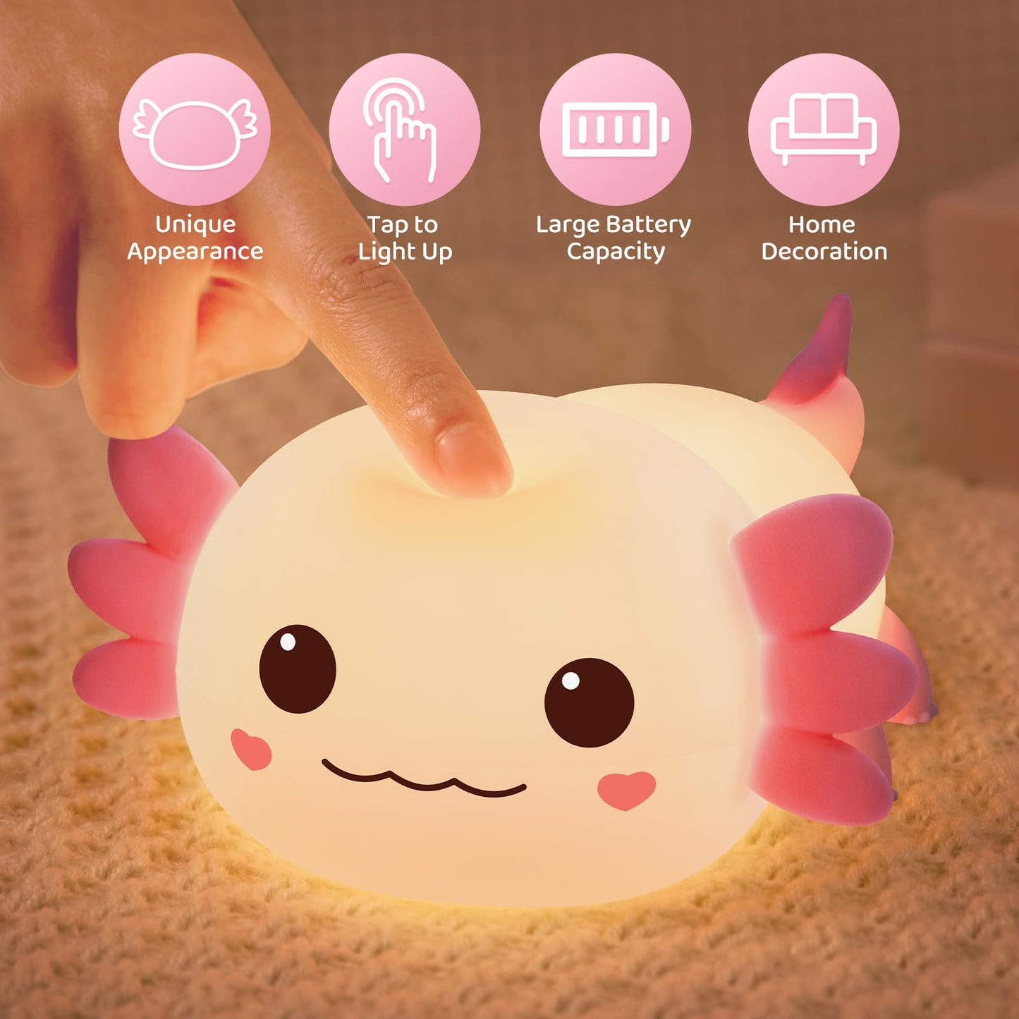 Huggwaii Squishy Axolotl Night Light for Kids – Dimmable Silicone Axolotl Lamp, 2025 Upgraded Baby Night Light, Rechargeable, 20H Battery Life, Sleep Aid Gift for Toddlers, Girls&Room Decor