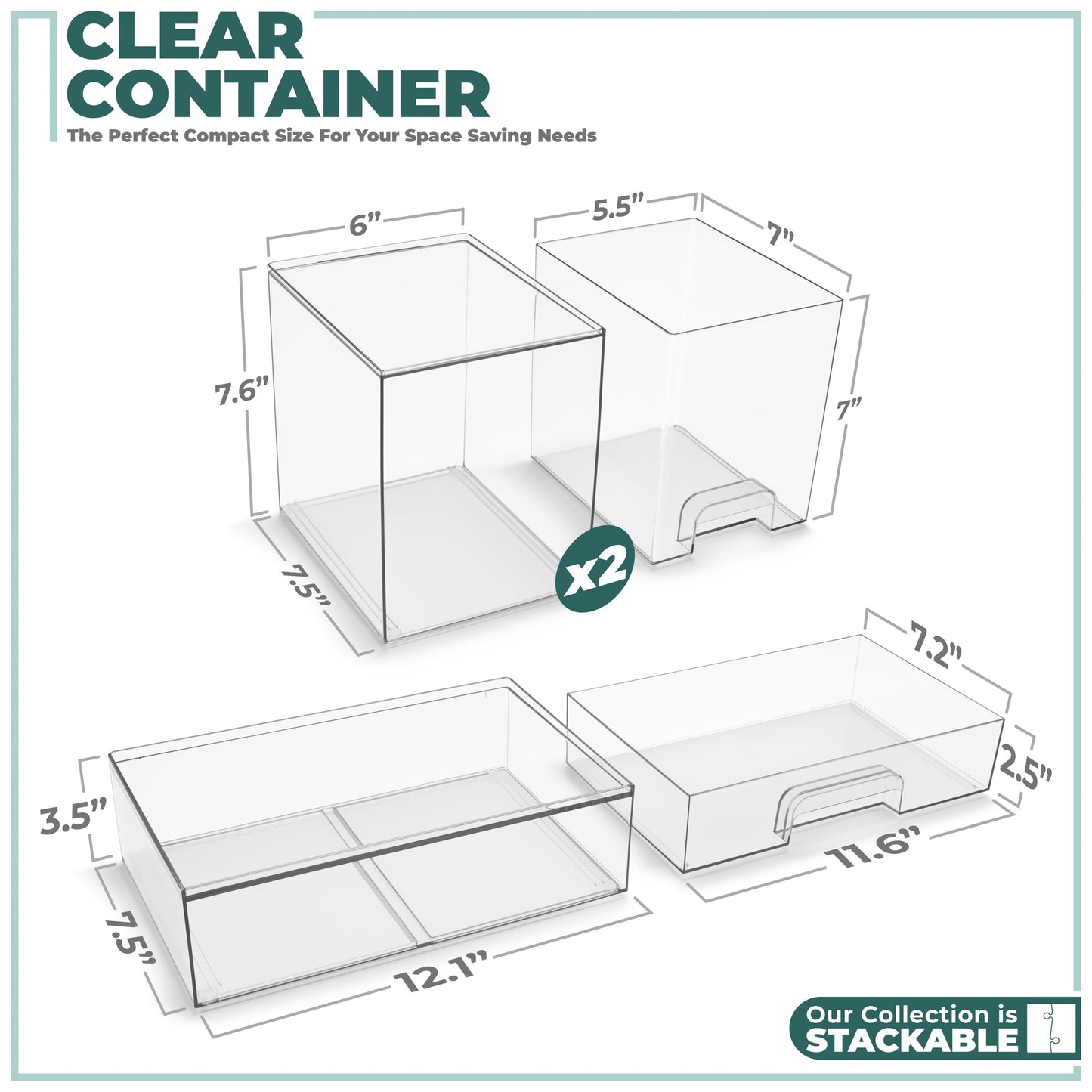 Sorbus Acrylic Storage Containers - 2 Pack, Stackable Storage Bins Set for Bathroom Organization - Clear Acrylic Drawer Organizers - Makeup Case Pull-Out Drawers (7.6’’ and 4.4’’ Tall)
