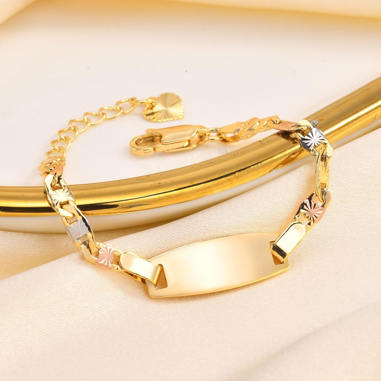Personalized Child ID Bracelet-18K Gold Plated Tri-Color Chain Custom Name ID Plate Bar Bracelet for Children Toddler from Mom,Engraved Kid Name Customized Birthday,Back To School Gift for Daughter