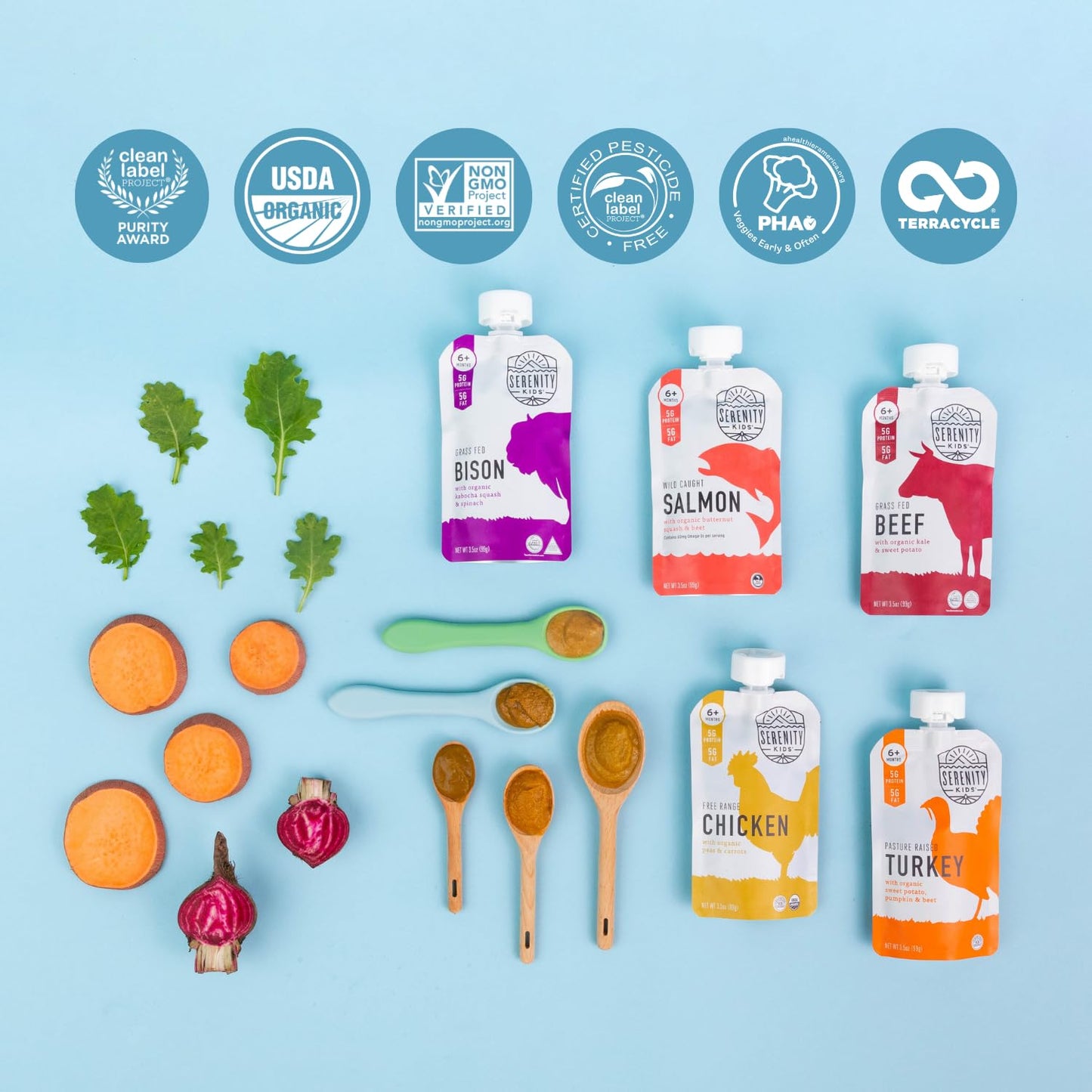 Serenity Kids 7+ Months World Explorers Baby Food Pouches Puree Made With Ethically Sourced Meats & Organic Veggies | 3.5 Ounce BPA-Free Pouch | Beef Chimichurri | 6 Count