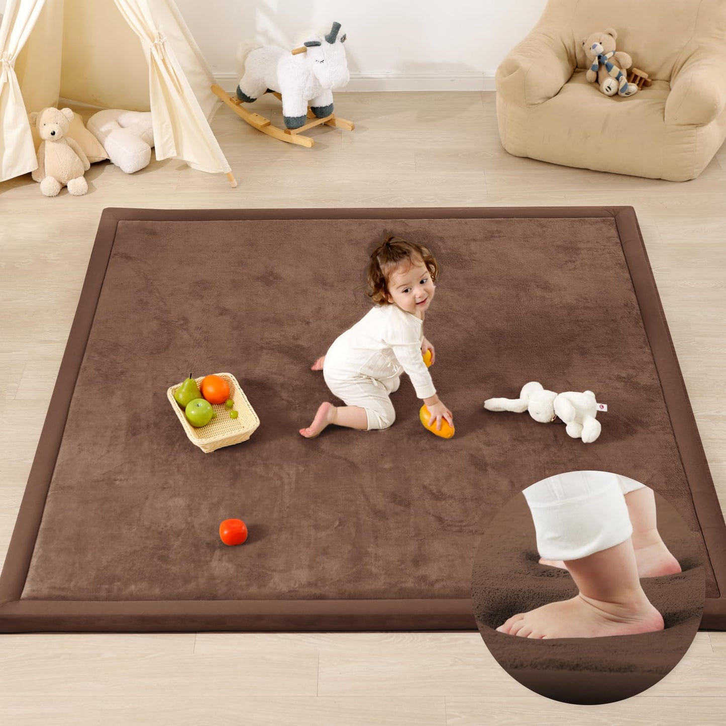 1.3" Thick Baby Play Mat,Ultra Soft Elasti-Foam 50×50 Playpen Mat for Tummy Time,Water-Repellent Coral Fleece Nursery Rug for Infants,Toddlers,Kids,Non-Slip Safe for Crawling(Light Grey)