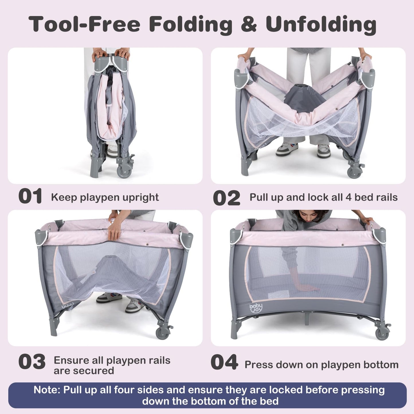 BABY JOY 5 in 1 Pack and Play, Portable Baby Playard w/Bassinet & Diaper Changing Table, Infant Pink Bassinet Crib with Toys & Music & Oxford Bag for Baby Girl Toddlers (Pink + Purple, Starry Sky)