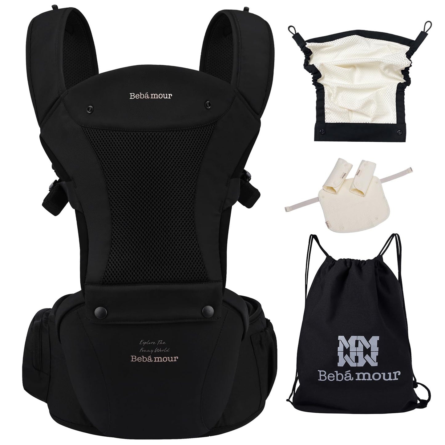 Bebamour Baby Carrier Newborn to Toddler-2 in 1 Hip Seat & Carrier Front and Back Carry with Head Hood & 3 Pieces Teething Pads& Waist Extenders & Storage Bag 0-36 Months (Green)