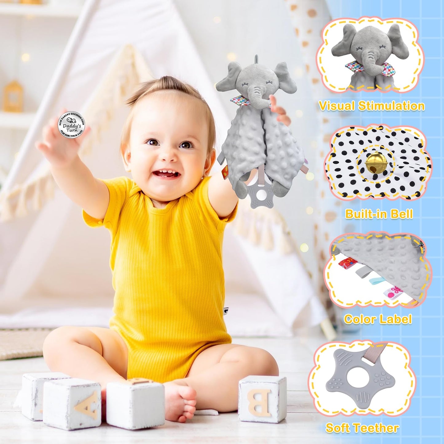 Baby Gift Basket, Newborn Baby Boy Gift Basket, Multiple Pieces Newborn Essentials for New Baby Gifts Basket Set with Baby Blanket, Baby Bunny Rattle, Keepsake Milestone, Elephant Toy, Baby Socks