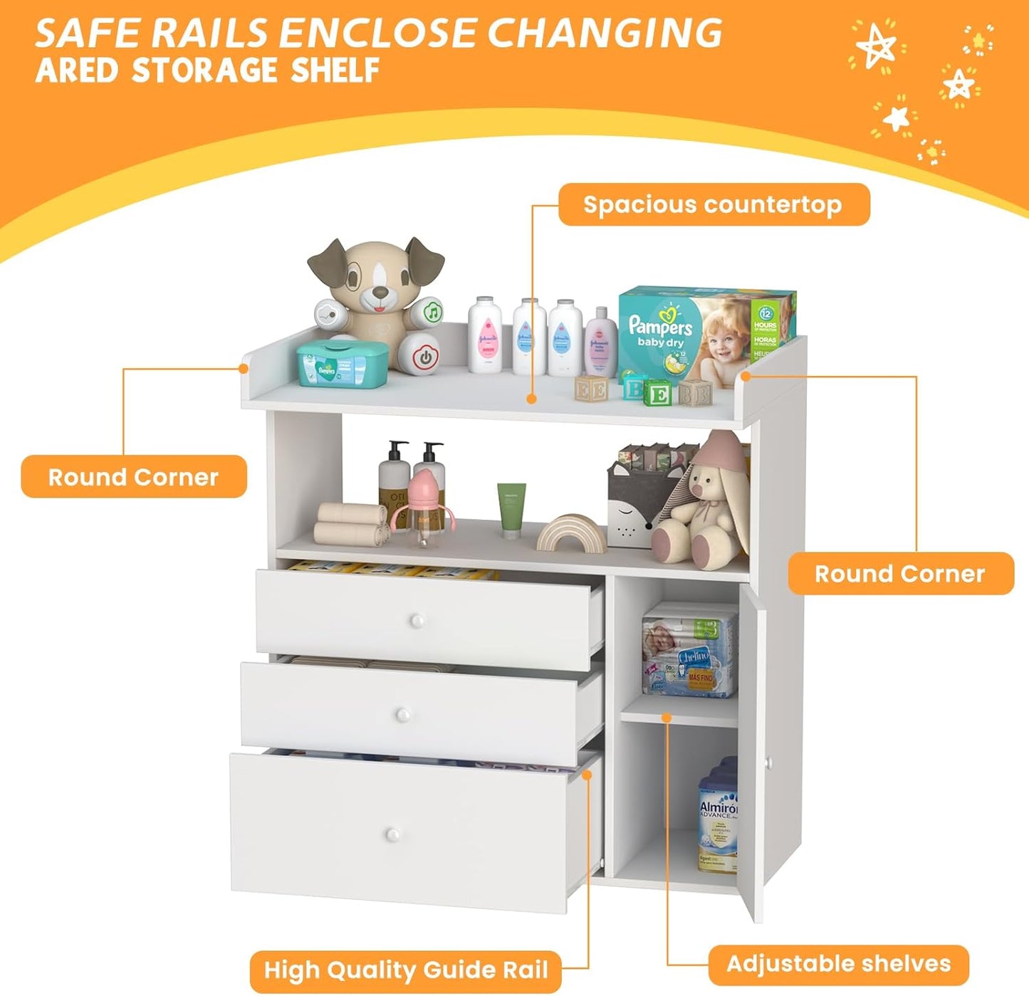 Baby Changing Table Dresser with Wide Tabletop, 3 Drawers & 1 Cabinet, 1 Storage Cubbies,Baby Dresser with Changing Table Top, Perfect for Baby Bedrooms & Nurseries