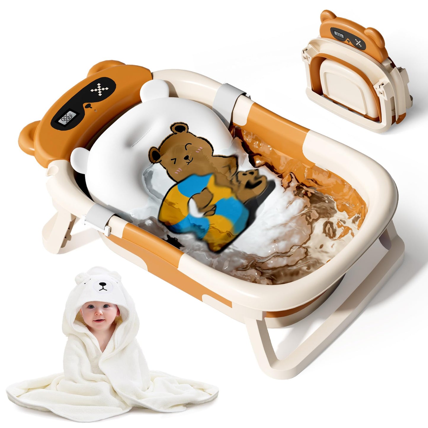Collapsible Baby Bathtub for Newborn to Toddler (0-18 M) - Portable Baby Tub with Thermometer, Newborn Bathtub with Soft Towel and Floating Cushion (Brown)