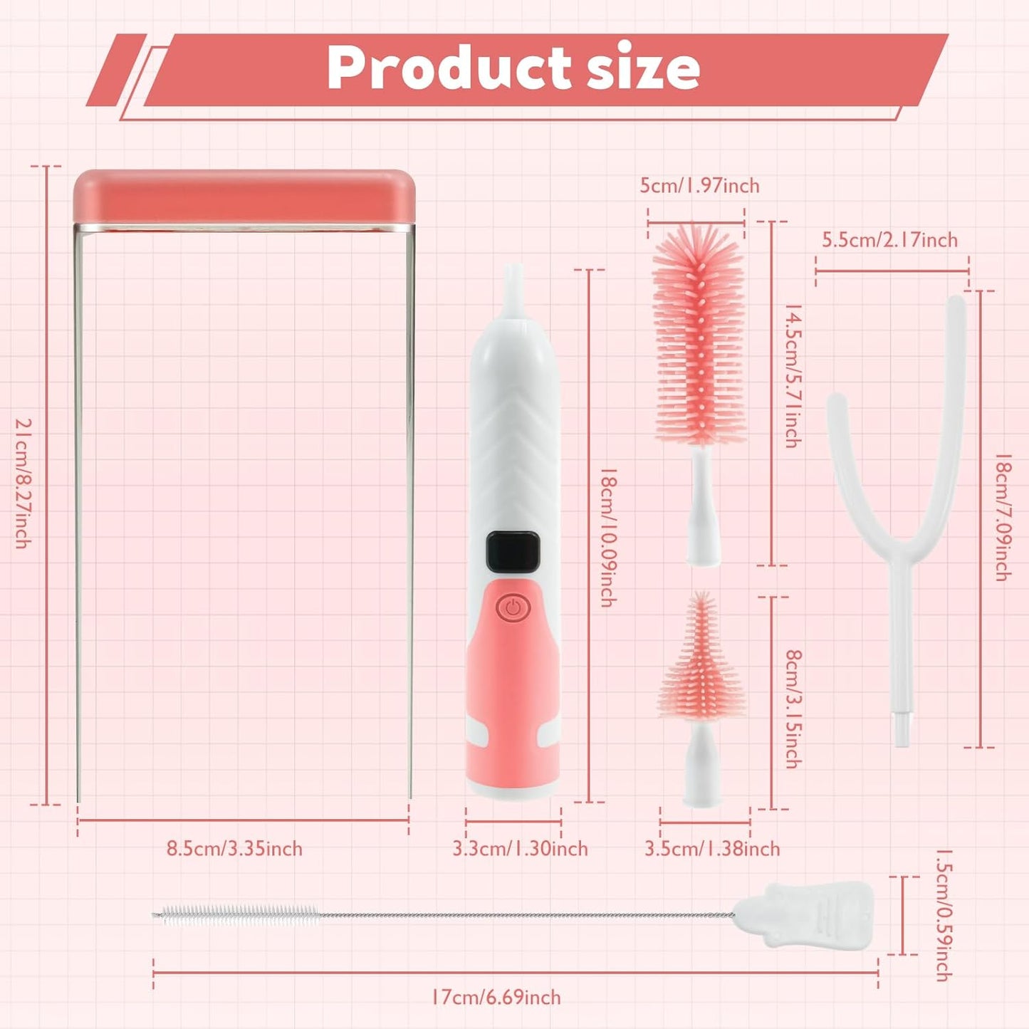 Bottle Brush Cleaning Set with Storage Holder, Adjustable Cleaning Power, Silicone Plastic LED Display Bottle Cleaner Brush for Long Narrow Neck Bottles, Water Bottles, Baby Bottles, Tumblers (Pink)