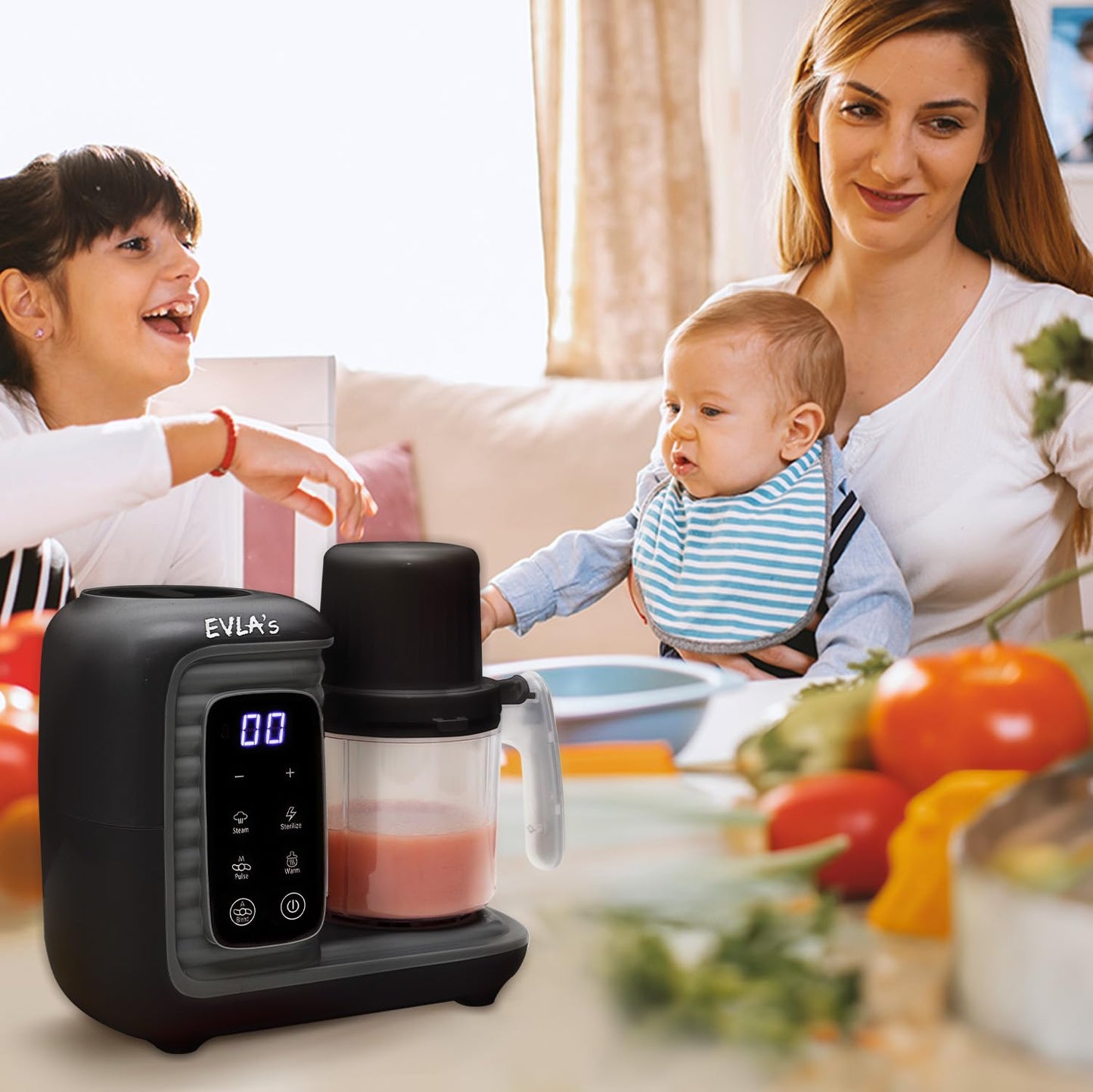 EVLA'S Baby Food Maker, Steamer, Blender, Baby Food Processor for Healthy Homemade Baby Food in Minutes, Touch Screen with 6 Reusable Food Pouches, Baby Registry Essential, White