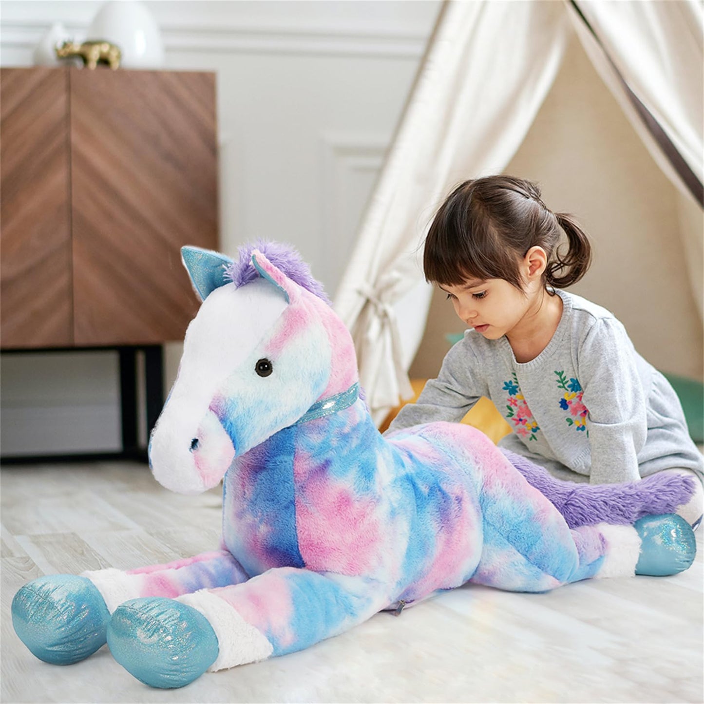 Tezituor 47 Inch Giant Horse Stuffed Animal, 4ft Realistic Chocolate Stuffed Horse Plush Toy, Hugging Soft Horse Pony Plush Pillow for Boys Girls,
