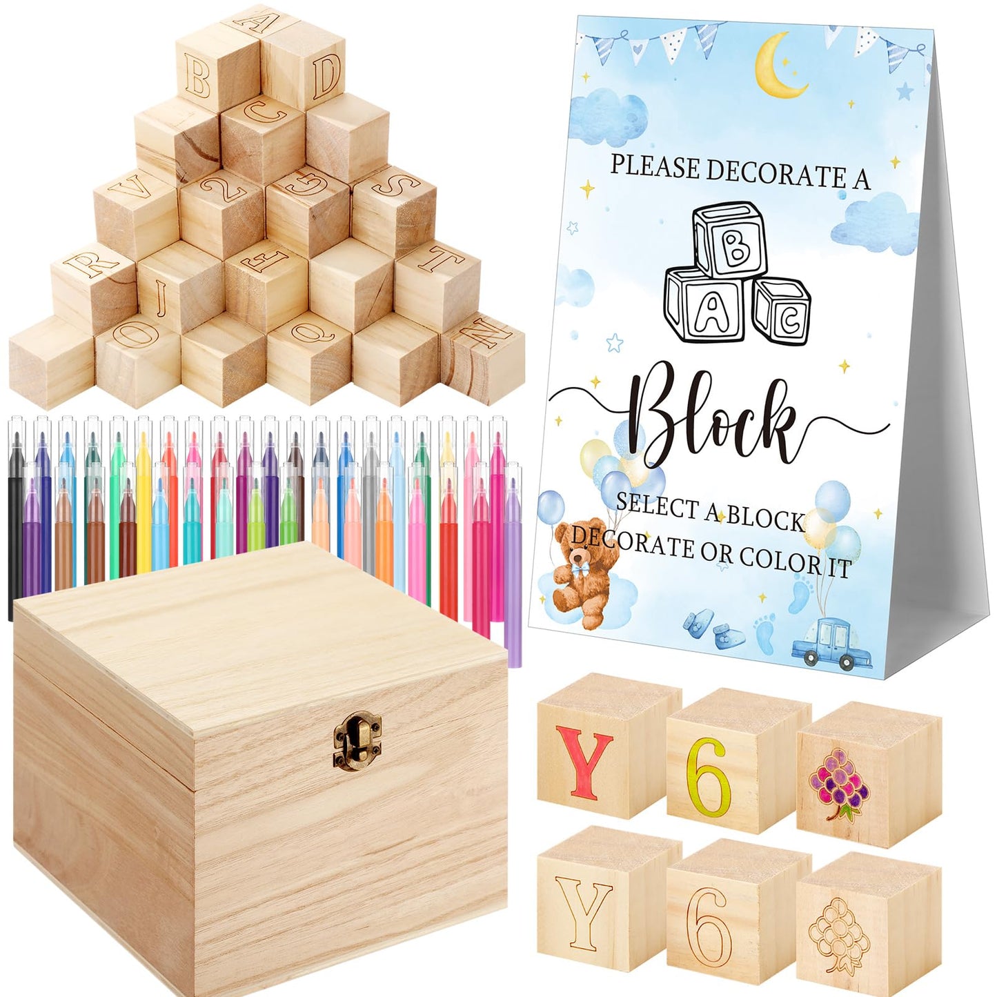 Marsui 136 Pcs Baby Shower Blocks to Decorate Game Kit Includes 98 Wooden Blocks, 36 Markers, 1 Game Sign, 1 Storage Box for Baby Shower Gender Reveal Activity Party Decorations(Pink Elephant)