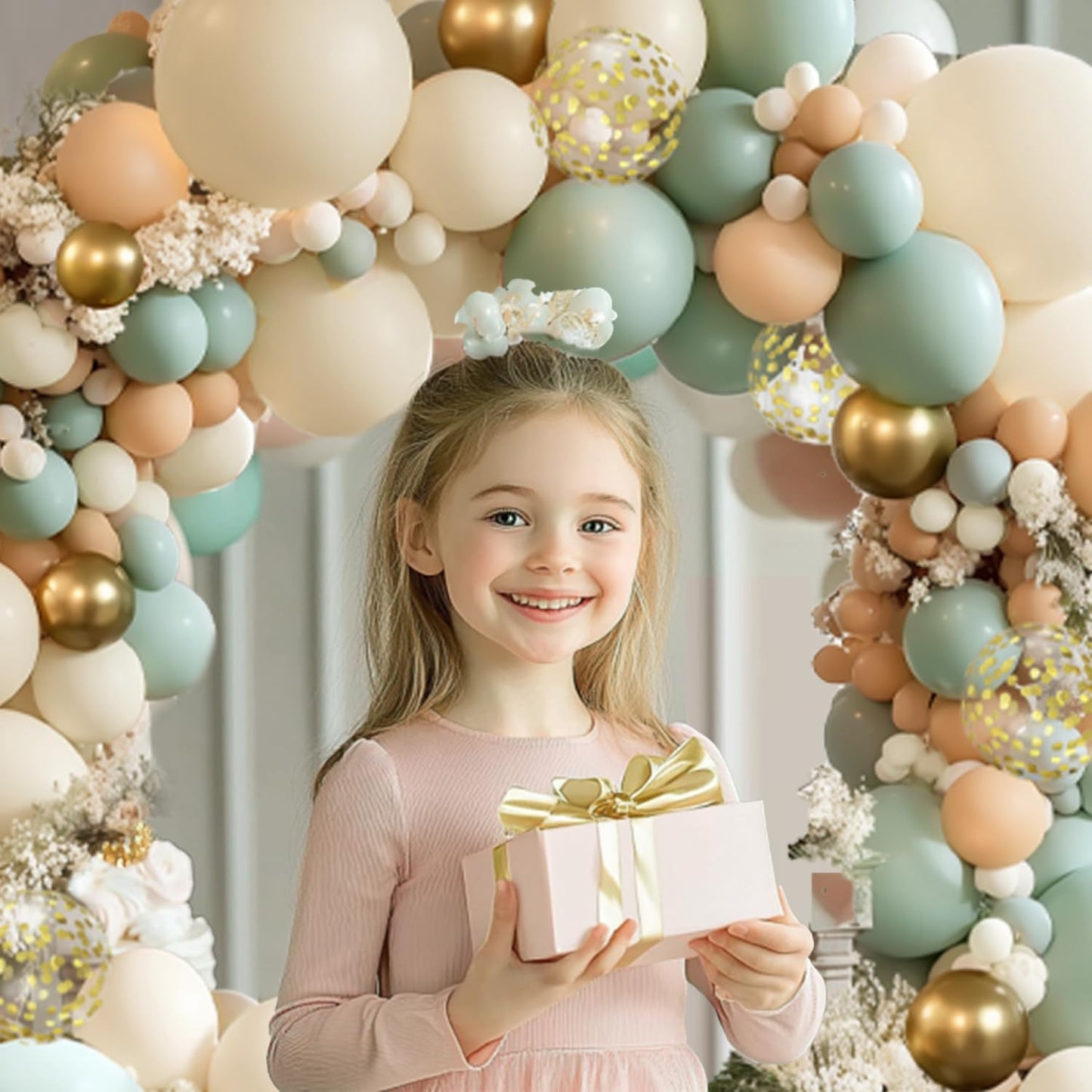 Sage Green Pink Balloon Arch Kit, Olive Green Light Pink Sand White Blush Metallic Gold Balloons with Gold Confetti Balloons for Girl Birthday Woodland Baby Shower Jungle Safari Decorations