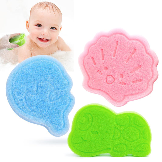 Baby Bath Sponge, Natural Cute Shapes Soft Shower Sponges for Bathing, Bathtub Foam for Infants and Toddler, 3pcs : Blue Dolphin, Pink Shell, Green Turtle