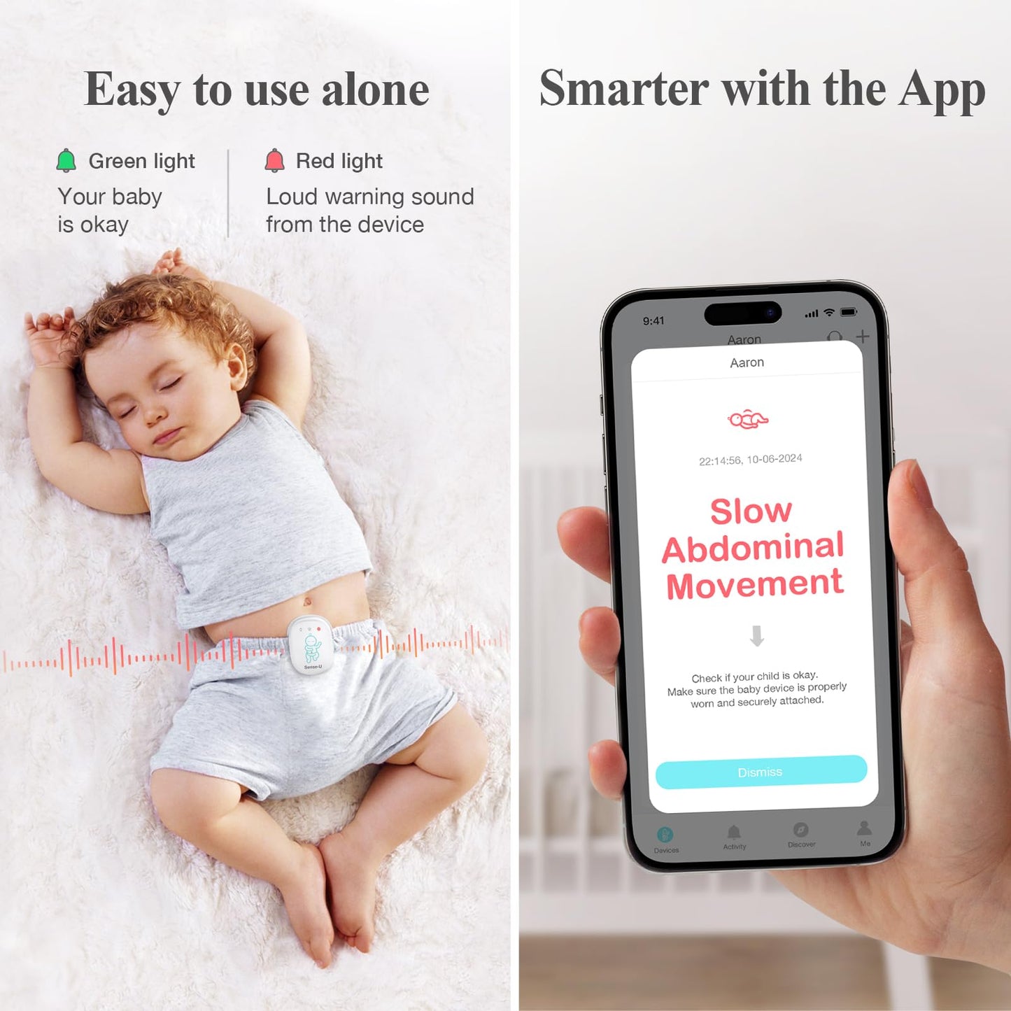 Sense-U Pro Baby Movement Monitor with Arousal Vibration, Movement/Rollover/Overheating Alerts, Audible & App Notifications, Easy Clip-On Design, Smart Sleep Monitor, FSA/HSA Eligible