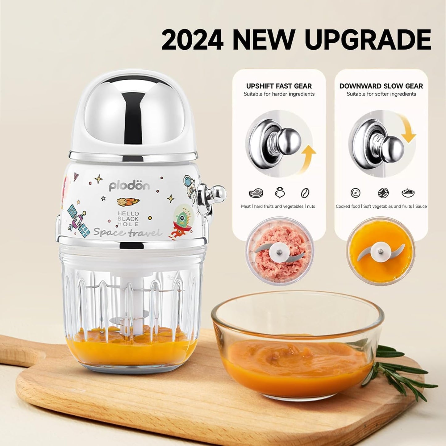 Baby Food Maker Mini Cute and Small Food Processor Puree Blender Grinder Chopper 300ml Cup Glass Bowl with 8 Blade Electric (Spaceman-Blue)