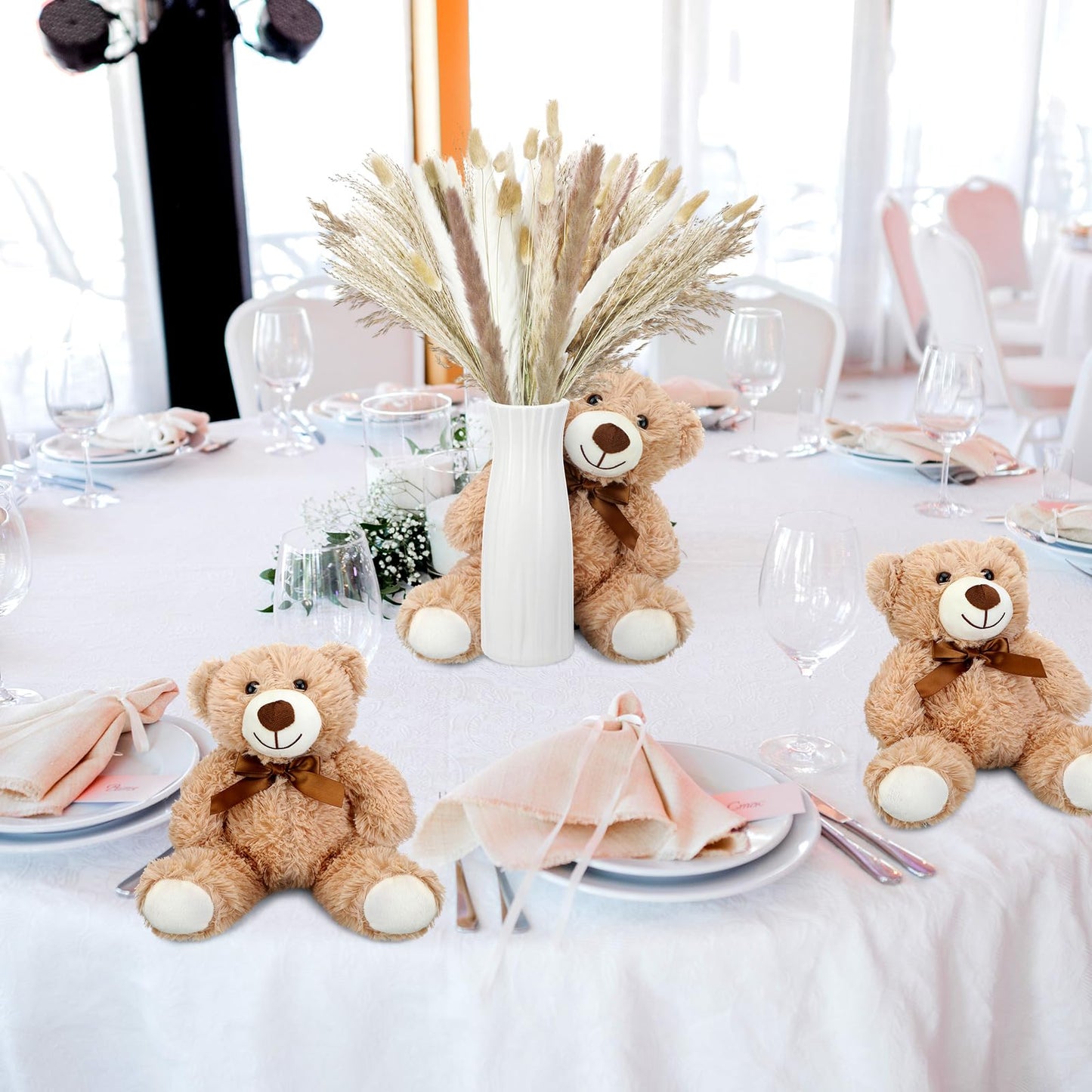 6 Sets 123 Pcs Baby Shower Table Centerpieces Dried Pampas Decor Bear Stuffed Ceramic Look Plastic Vase with Bow for Boho Wedding Bridal Shower Flowers Table Decorations(Brown,Neutral)