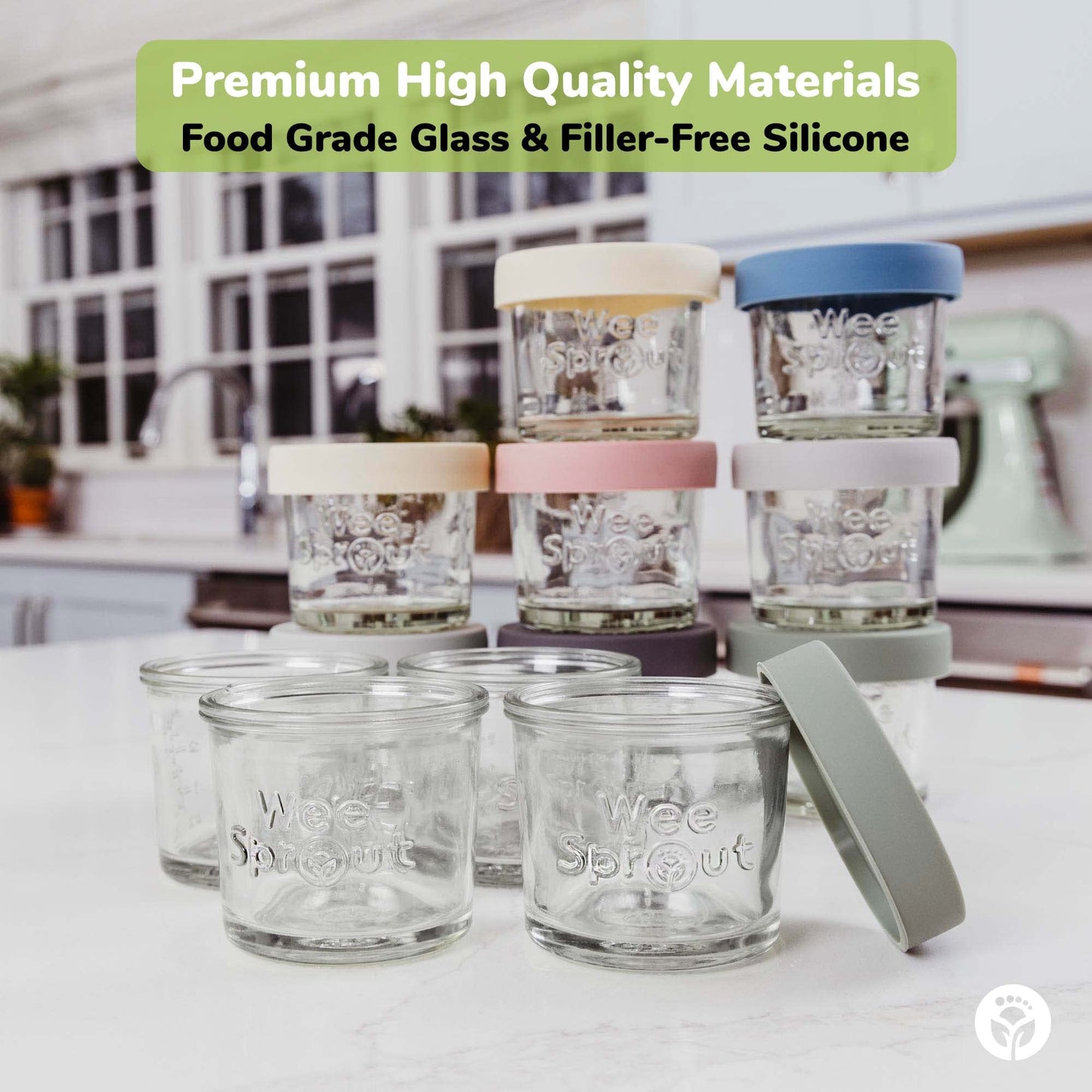 WeeSprout Glass Baby Food Storage Jars w/Lids (8 oz, 8 Pack Set) Snack, Puree, Reusable Small Containers, Breast Milk, Fridge or Freezer, Microwave & Dishwasher Safe, Essential Must Have for Infants