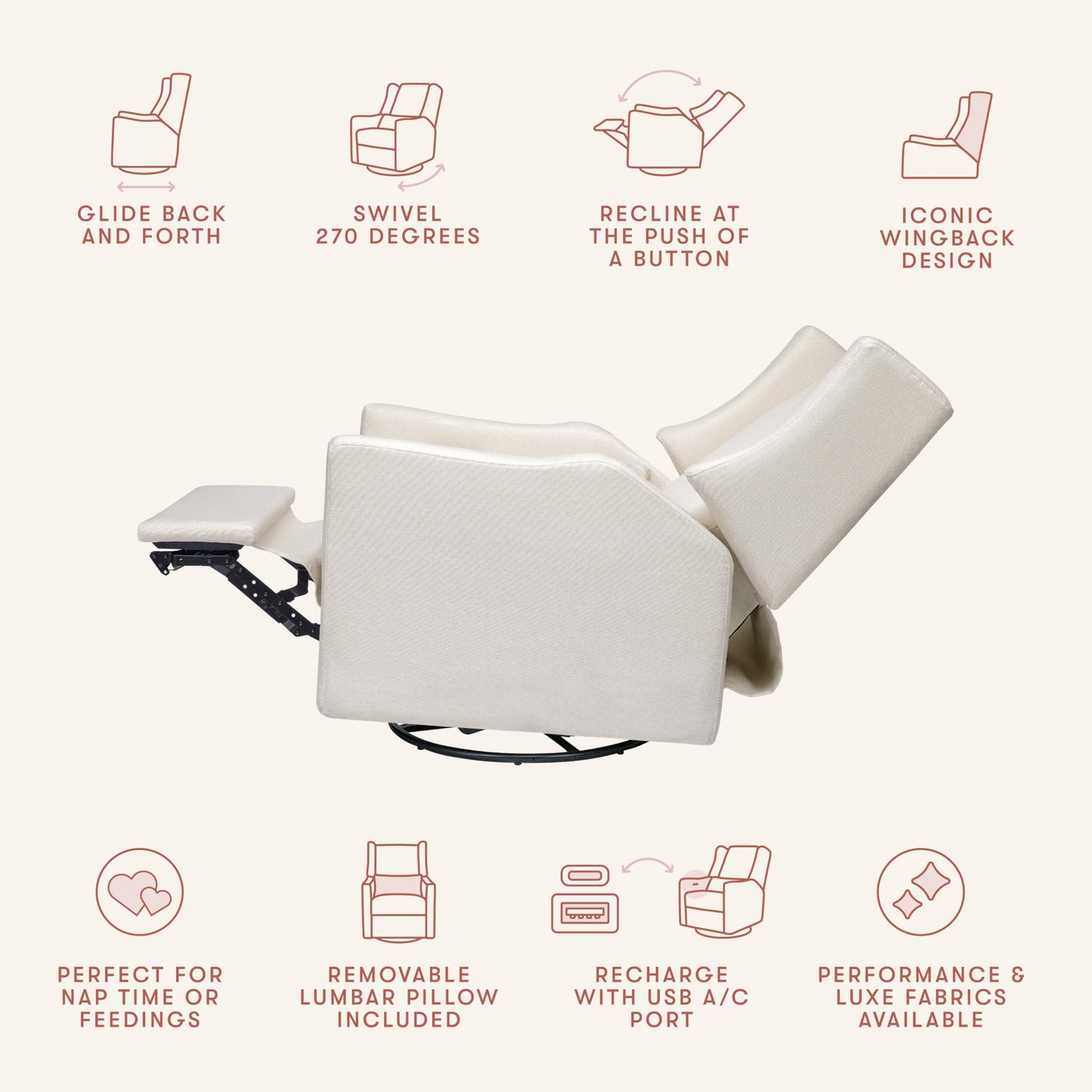Babyletto Kiwi Electric Power Glider Recliner Nursery Chair w/ USB Ports - Water & Stain Resistant Glider Rocking Chair for Nursery - GREENGUARD Gold Certified Swivel Rocker Recliner Chair - Cream