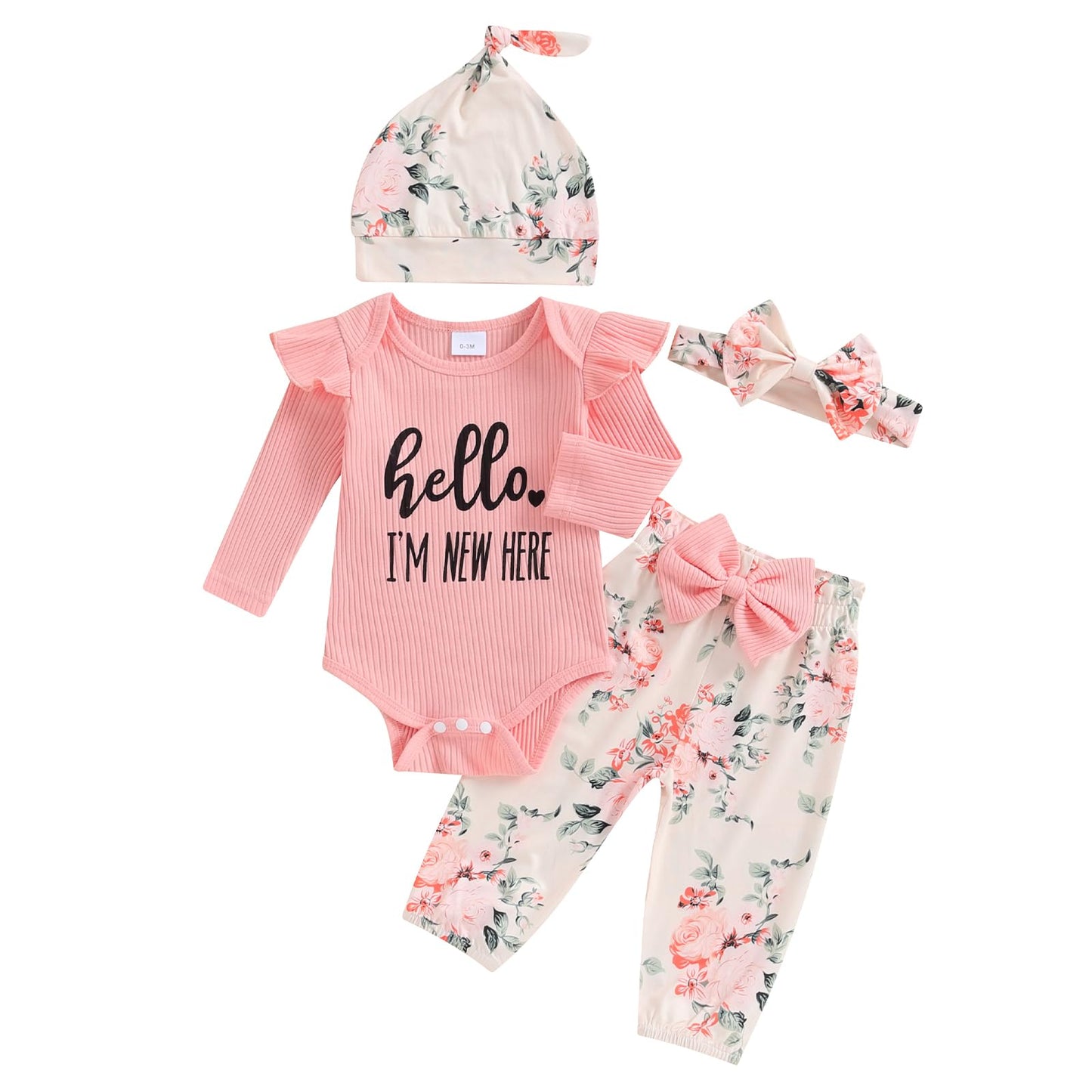 Hello World Newborn Outfit Baby Girl Going Home Outfit Ruffle Ribbed Romper Top Floral Pants Set Cute Summer Clothes