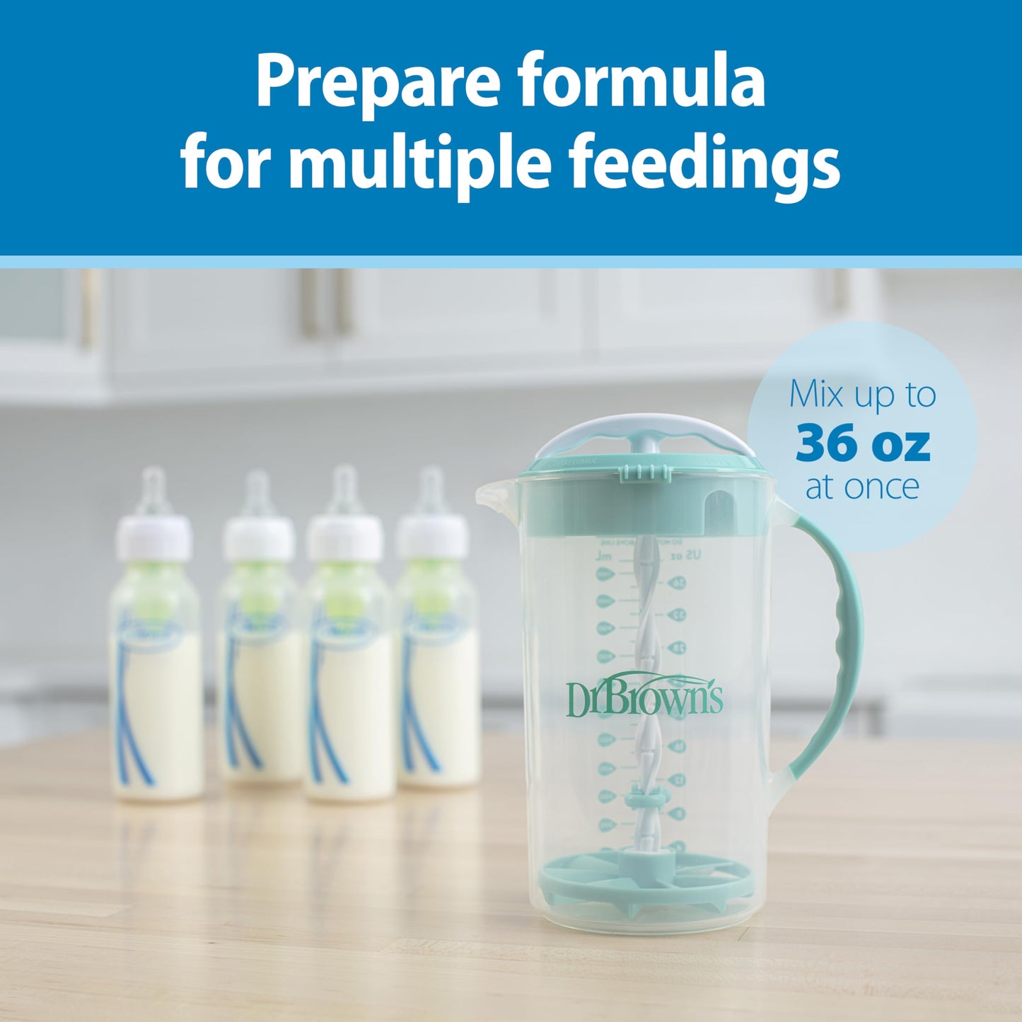 Dr. Brown's Baby Formula Mixing Pitcher with Adjustable Stopper, Locking Lid, & No Drip Spout, 32oz, BPA Free, Teal