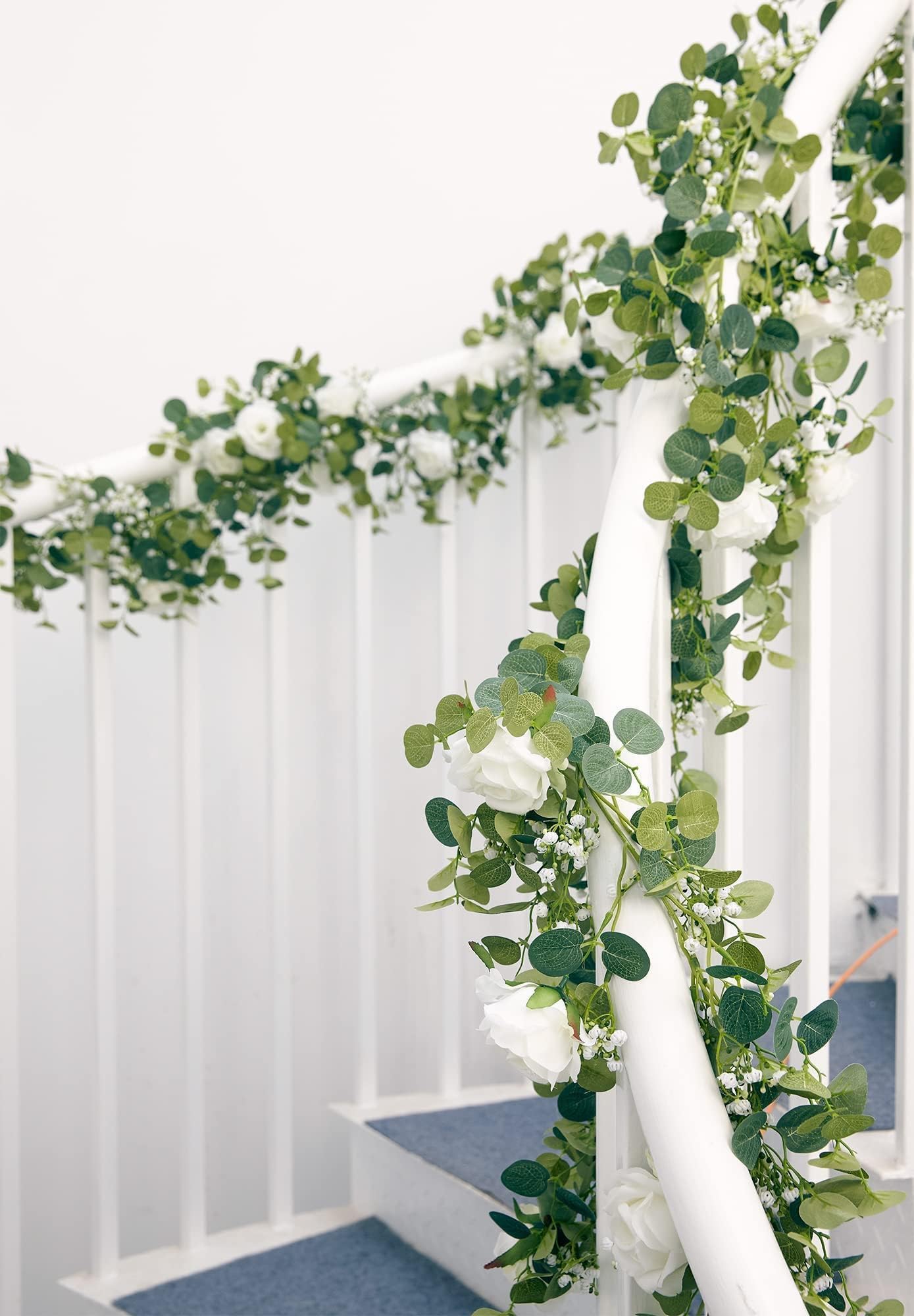 Anna's Whimsy 5.91FT Artificial Eucalyptus Garland with Flowers, Fake Flower Rose Gypsophila, Faux Floral Greenery Garland for Wedding Spring Home Party Craft Art Table Runner Decor