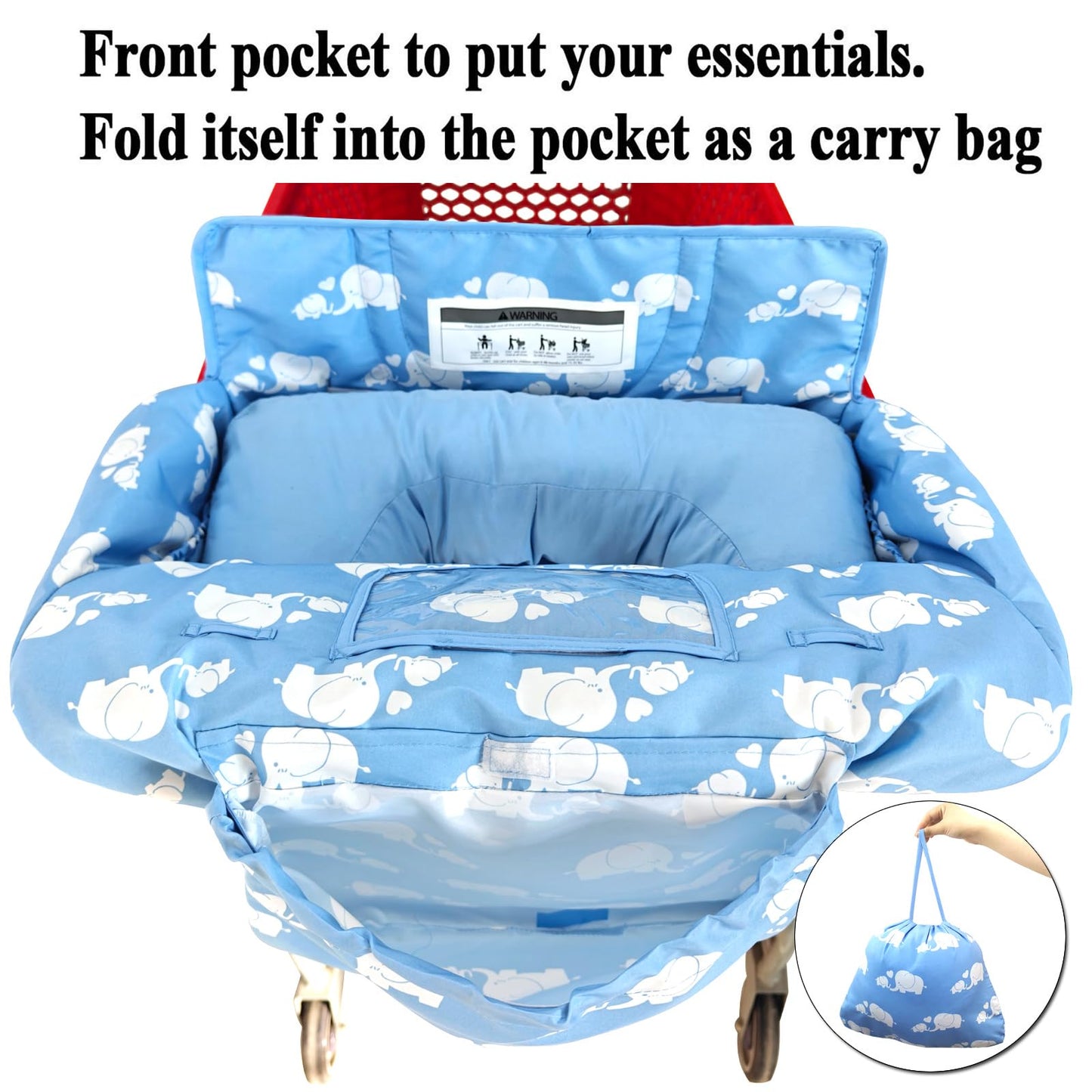 Soft Pillow Attached 2-in-1 Shopping Cart and High Chair Cover for Baby, Cotton Padded Cart Cover, Fold'n Roll Style, Portable with Carry Bag (Blue Elephant)
