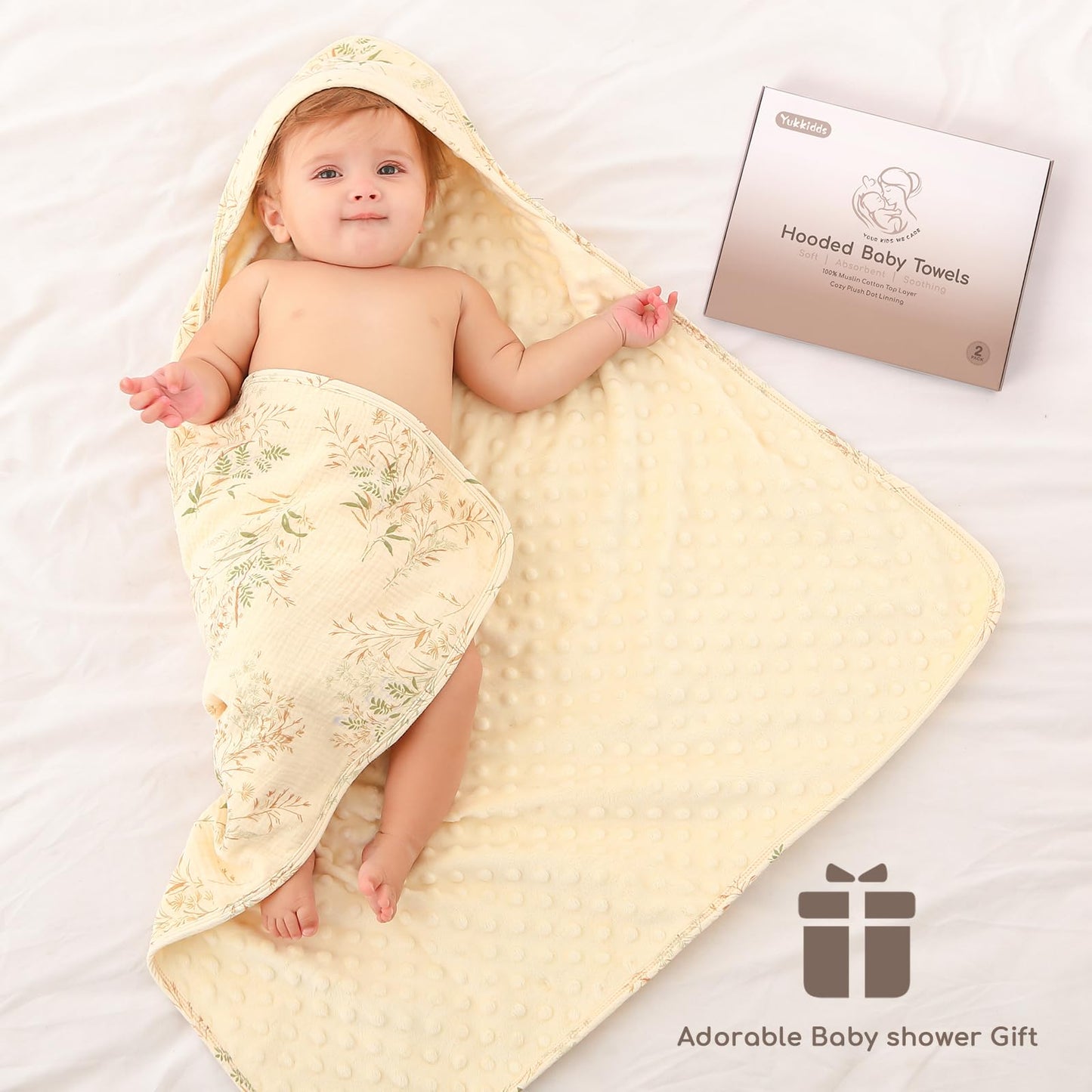 Baby Bath Towels for Newborn 100% Muslin Cotton and Minky Dot Fabric Neutral Hooded Baby Towels Set 2 Pack for Boys Girls Ultra Soft and Absorbent 30 x 30 Inch Green & Plant