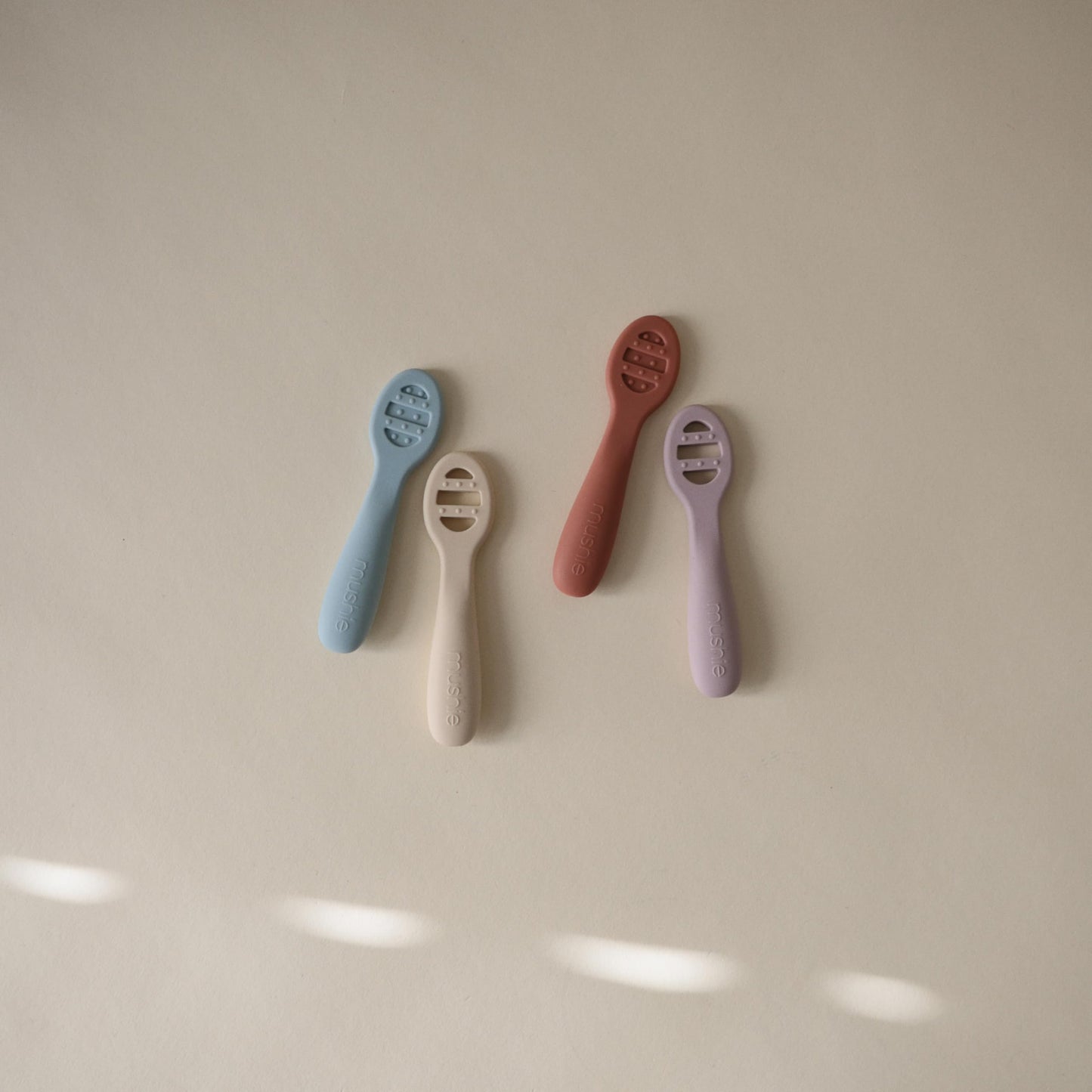 mushie Silicone First Feeding Baby Spoons | 2 Pack (Tradewinds/Shifting Sand)