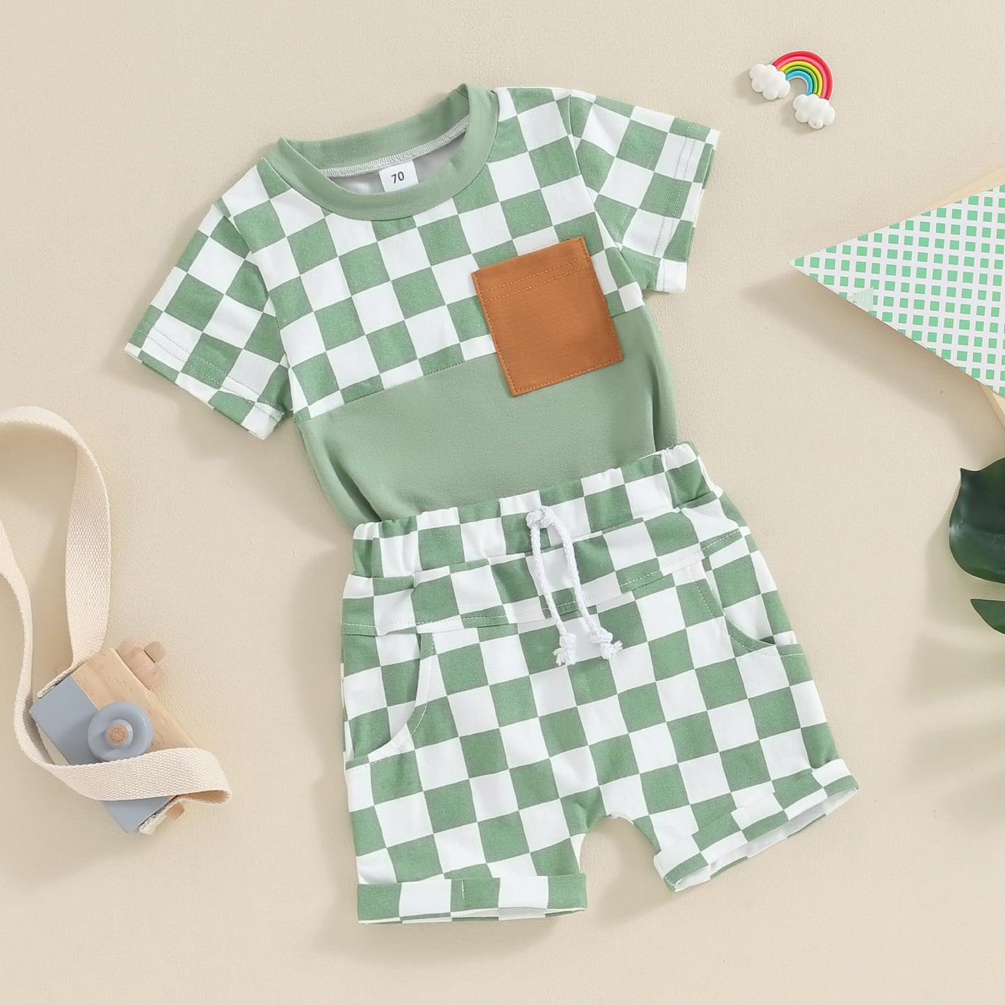 Toddler Baby Boy Summer Clothes Set Short Sleeve Checkered Tops & Shorts Novelty Color Block Outfits