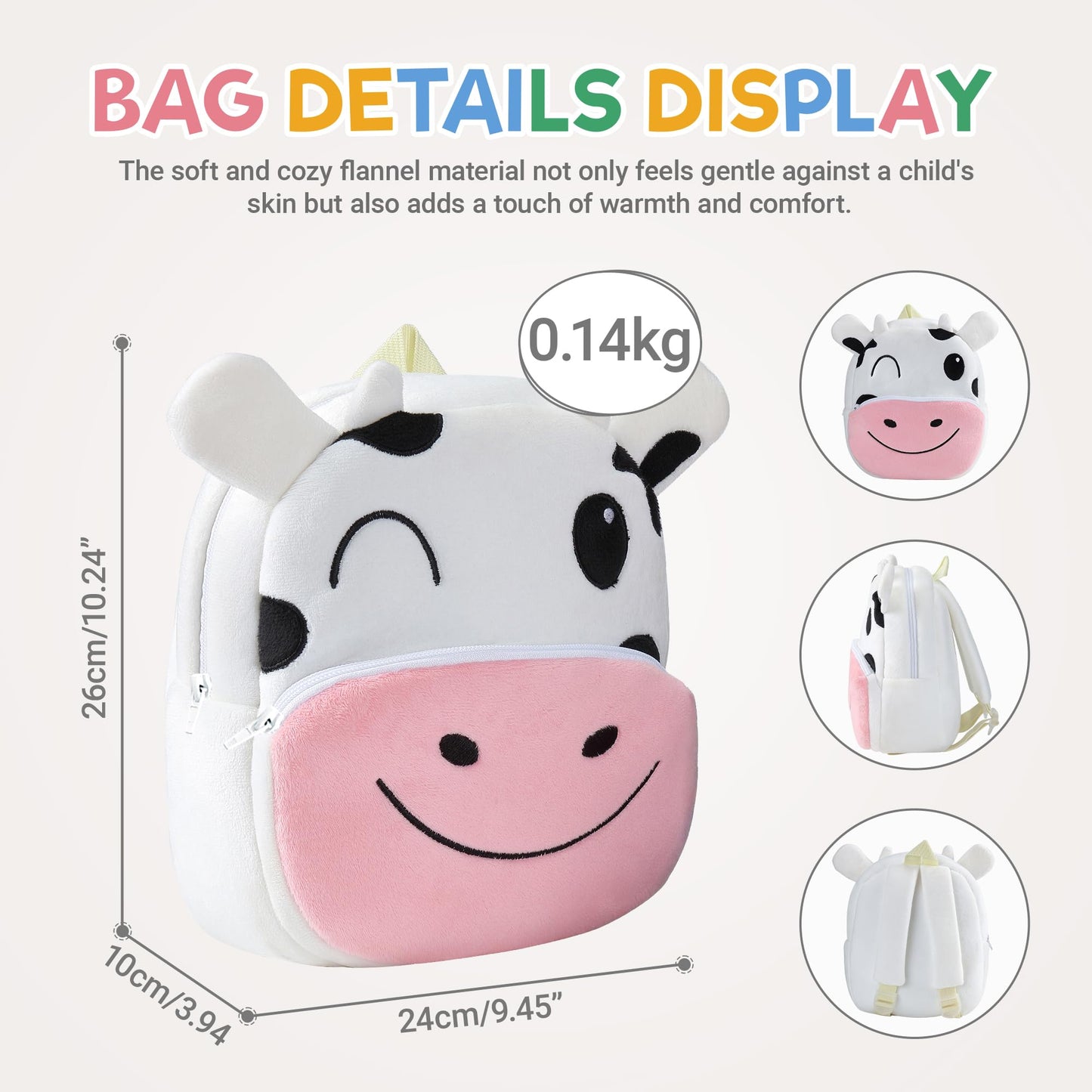 MICHLEY Toddler Backpack Plush Animal SchoolBag Cartoon Girls Travel Bag Mini Baby Daypack for Kids Kindergarten Pre School Bags, Cow