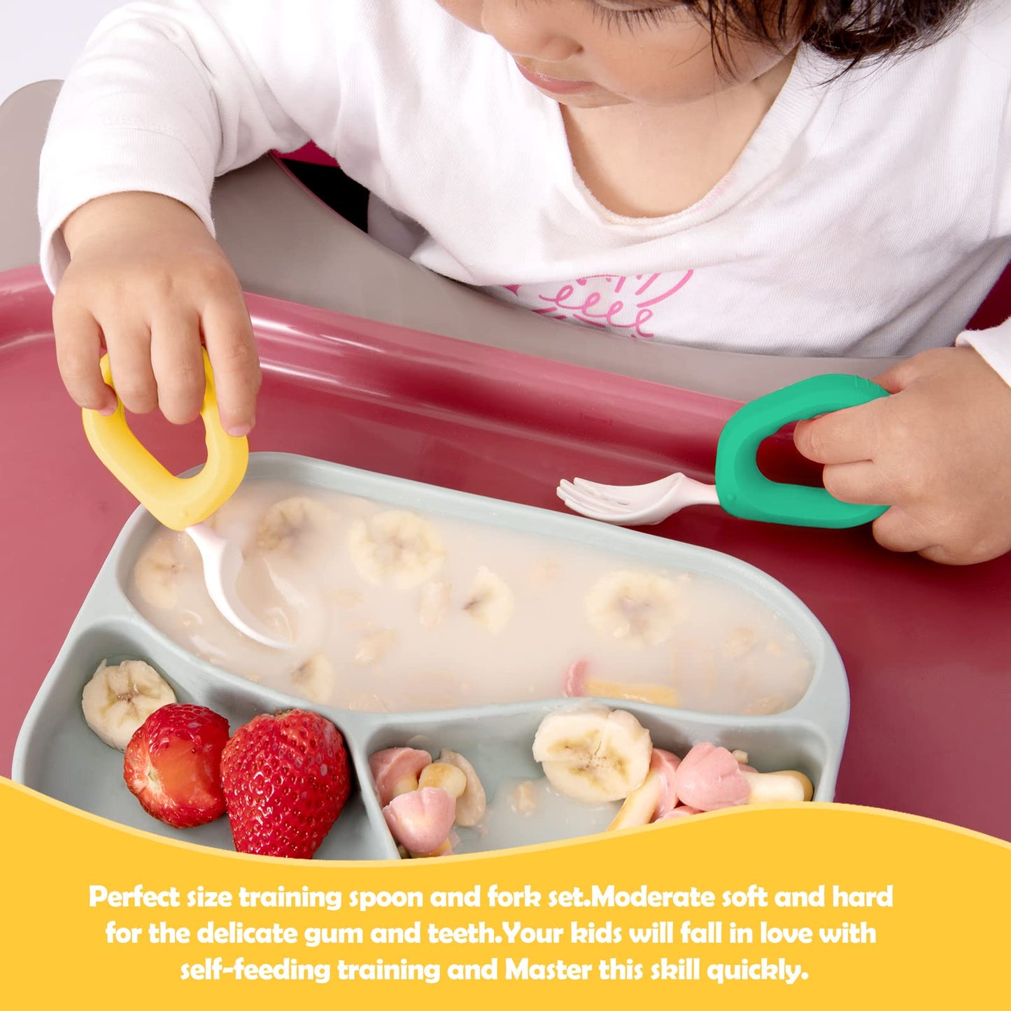 Baby Self Feeding Training Spoon and Fork Set with Travel Case, BPA-Free Cute Circle Toddler Training Utensils, Silicone/ABS Great Tableware Set Spoons Fork for Kids(Yellow)