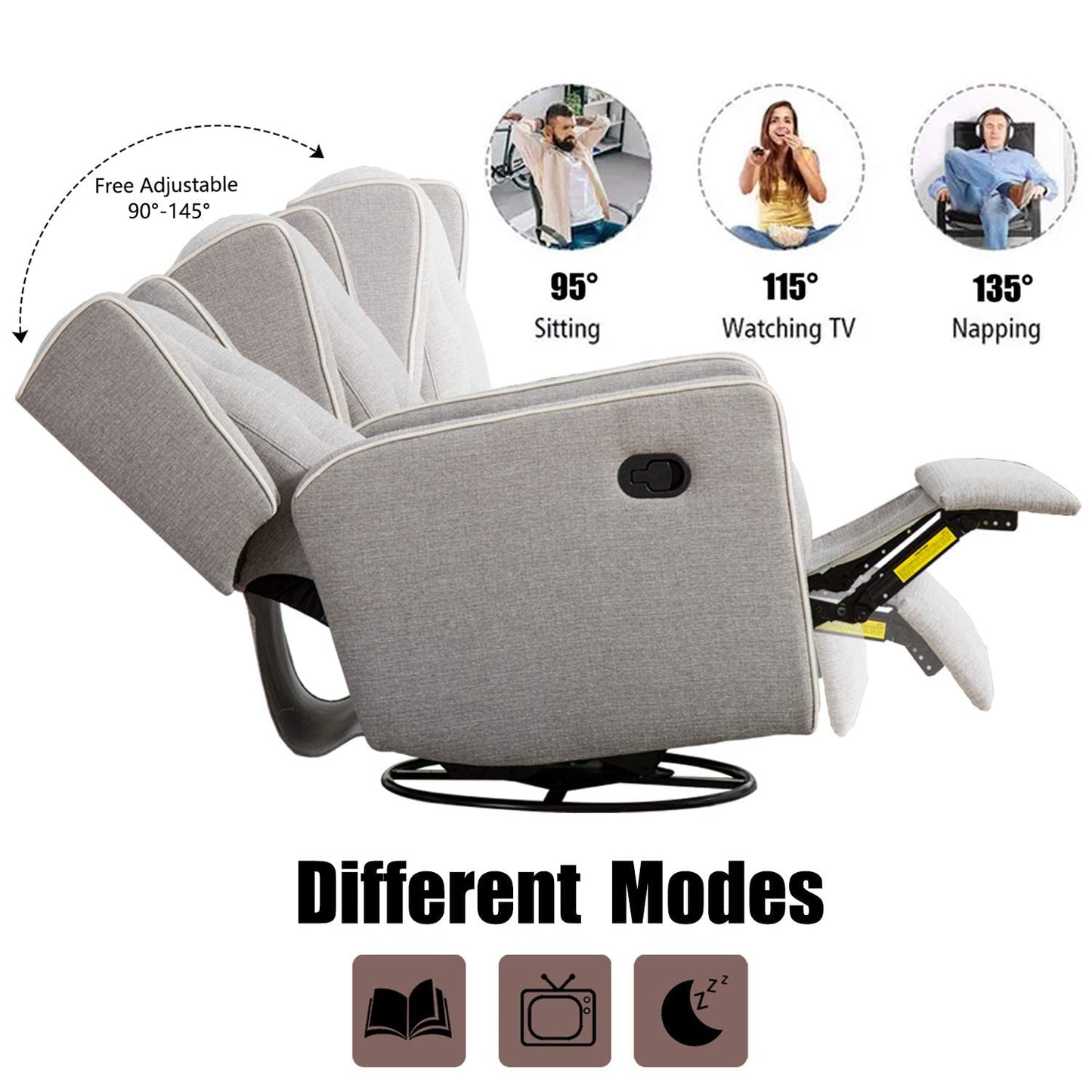 Swivel Rocker Recliner Chair, Nursery Glider Chair, Nursery Rocking Chairs, Manual Reclining Chair, White