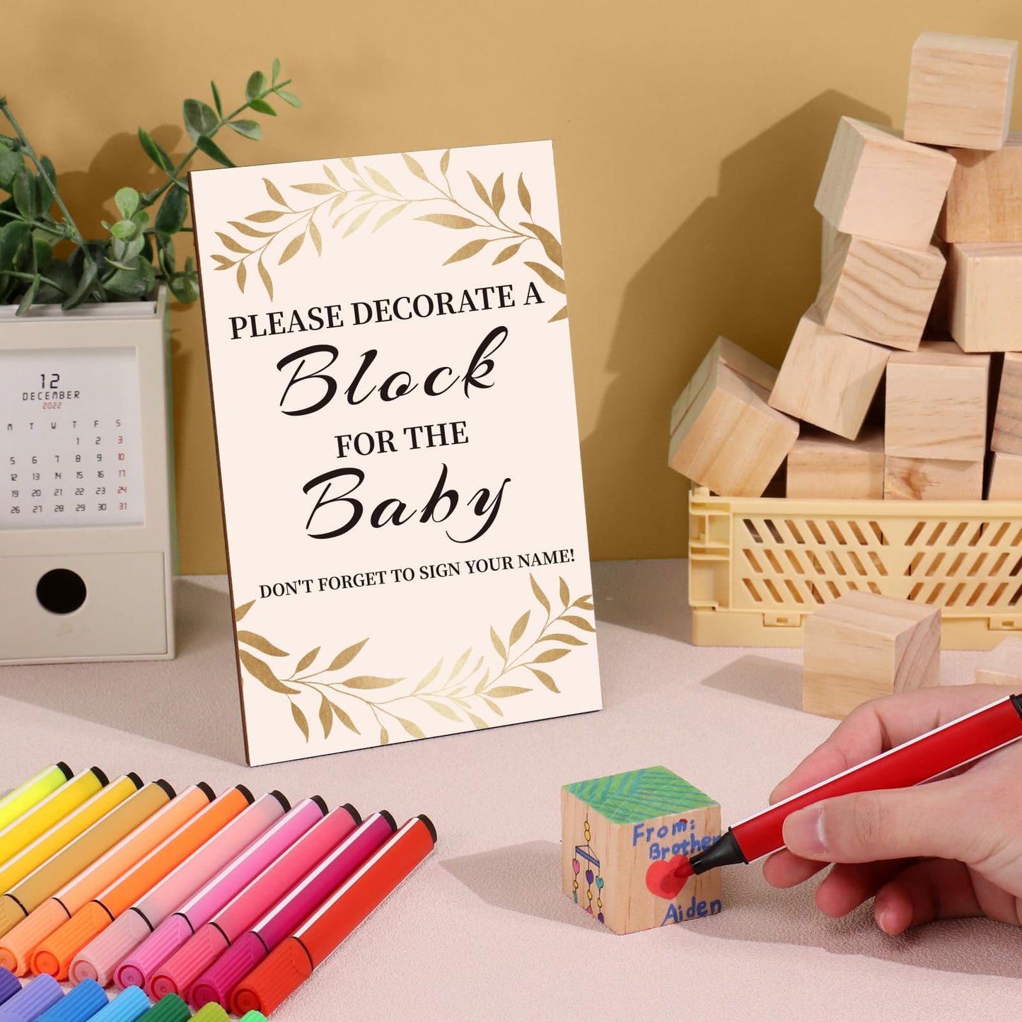 Baby Shower Games Sign Kit with 50 Blank Wooden Baby Blocks, 24 Acrylic Paint Marker and Wooden Sign, Blocks for Baby Shower, Gender Reveals Party(Green)