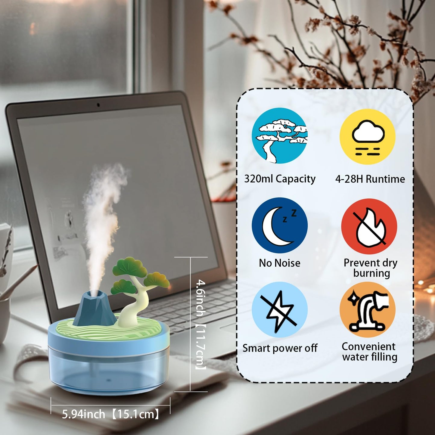 Landscape Night Light Humidifier with 2 Mist Modes, 320mL Large Tank Whisper-Quiet for Baby/Nursery/Office, Portable Mini Air Moisturizer