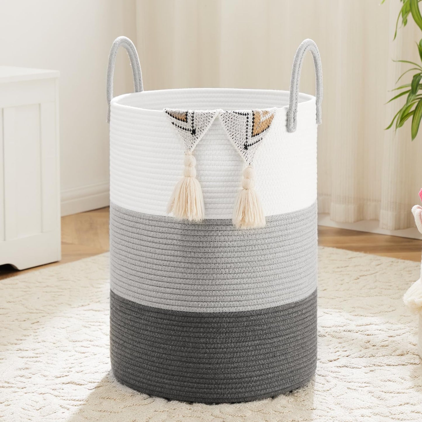 Laundry Basket,Woven Cotton Rope Laundry Hamper,60L for Decor Storage of Dirty Clothes,Toys and Blankets in Bathroom,Baby Room and Living Room