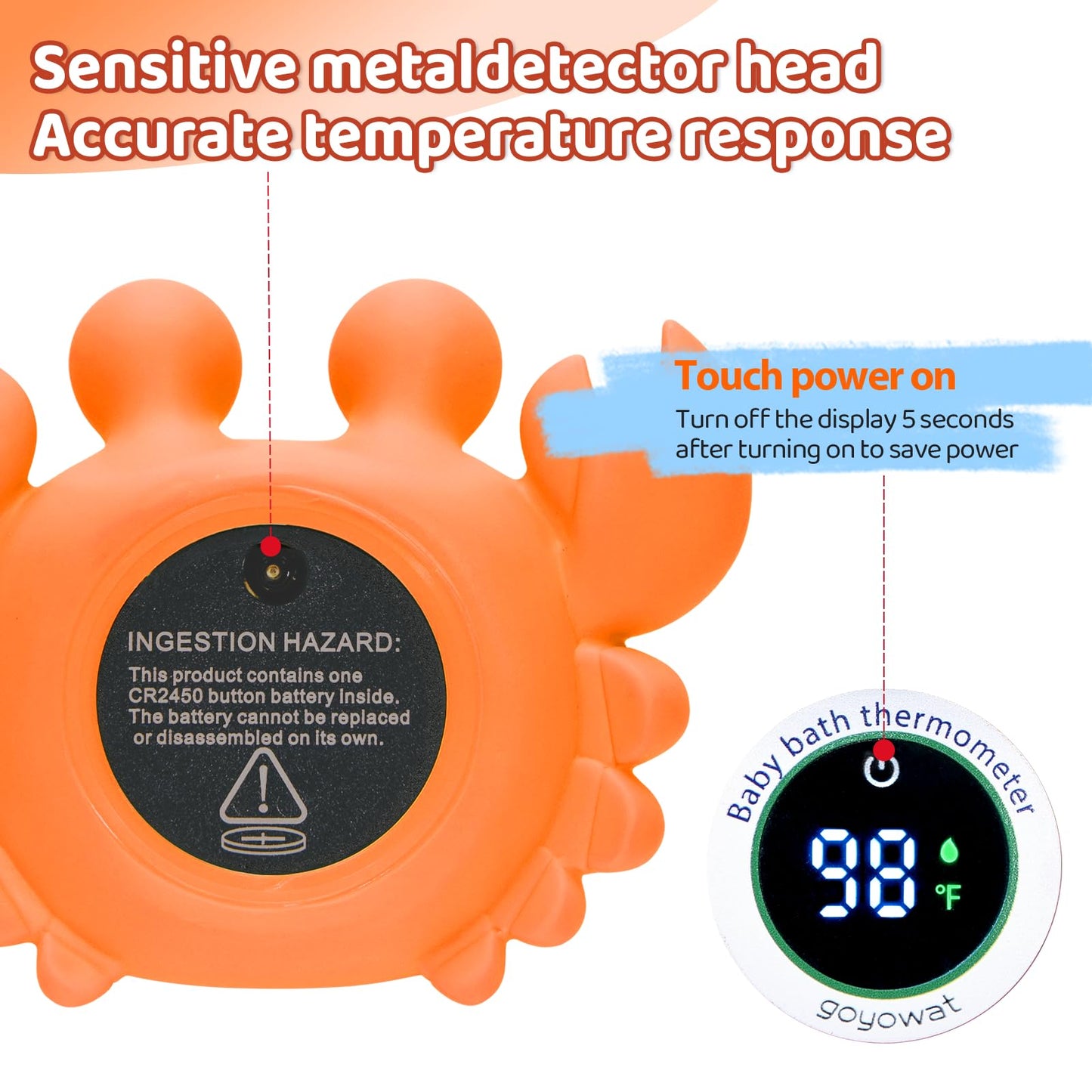Baby Bath Thermometer with LED Display, Floating Crab Toy – 2-in-1 Water Safety Sensor for Infants, Color-Coded Alerts (Hot/Cold), Bath Tub Temperature Monitor, Cute Floating Bath Toy, Nursery