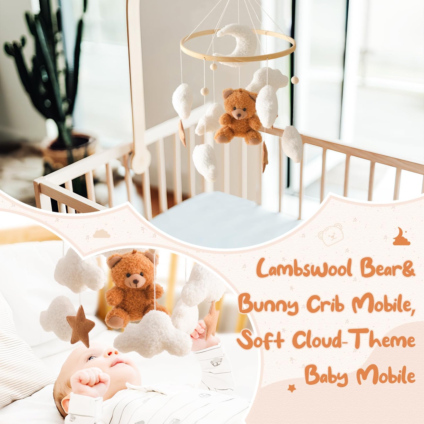 Baby Mobile for Crib Bear Cloud Crib Mobile Handmade Furry Nursery Mobile Gender Neutral Crib Toy Hanging for Nursery Decor Accessories