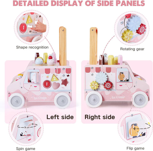 labebe Wooden Baby Walker, Push Activity Walker for Kids 12M+, Multifunctional Ice Cream Cart Activity, Adjustable Speed Learning Walking with Wheels, Birthday Gift for Girls Boys Ages 1-3 (Pink)