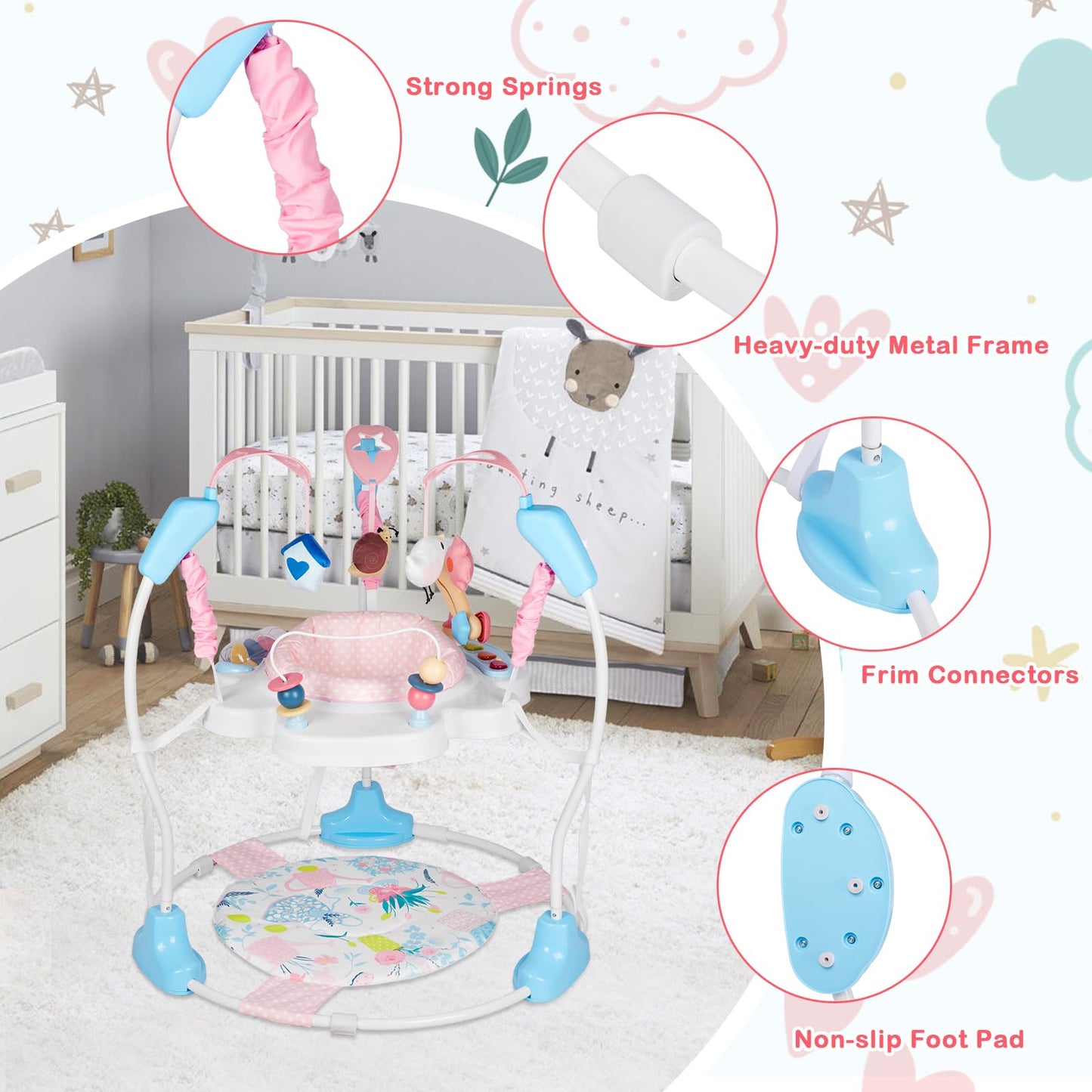 Baby Activity Center, Infant Jumpers and Bouncers with Music, Lights, Infant Toys, 360°Rotating Seat, 3 Adjustable Heights, Baby Play and Learning Center for 6+ Months