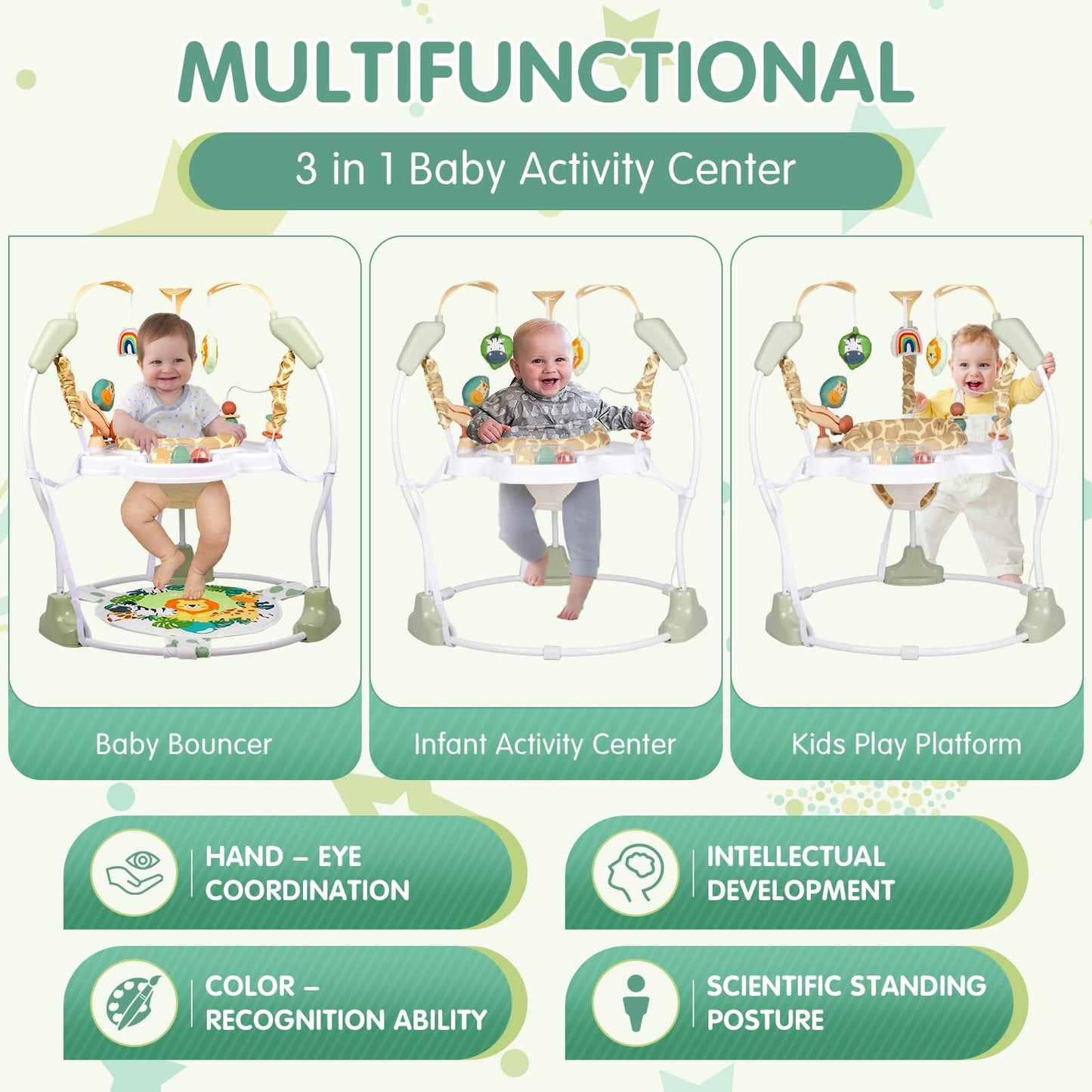 Baby Activity Center, 3-in-1 Baby Jumper, Infant Activity Center with 360° Rotating Seat, Music, Lights, 3 Adjustable Heights, Infant Activity Jumper for 6+ Months JP2401