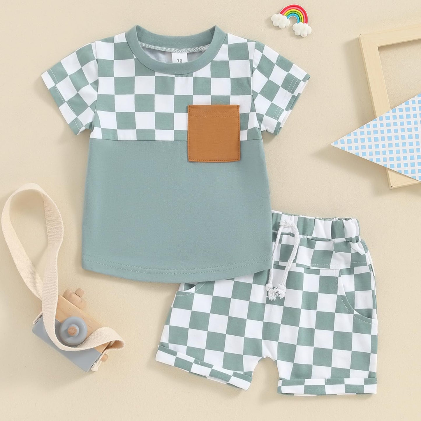 Toddler Baby Boy Summer Clothes Set Short Sleeve Checkered Tops & Shorts Novelty Color Block Outfits