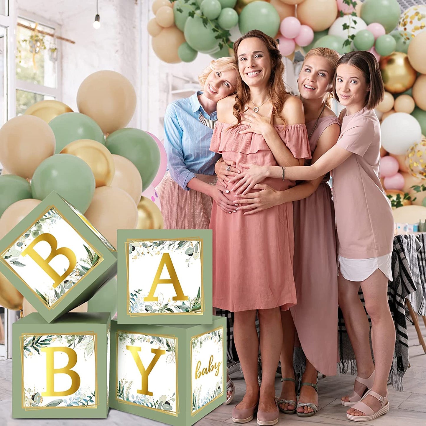 RUBFAC Sage Green Baby Boxes with Letters for Baby Shower, 4pcs Safari Baby Shower Decorations for Boy Girl Balloon Boxes Gender Reveal Birthday Party Favors