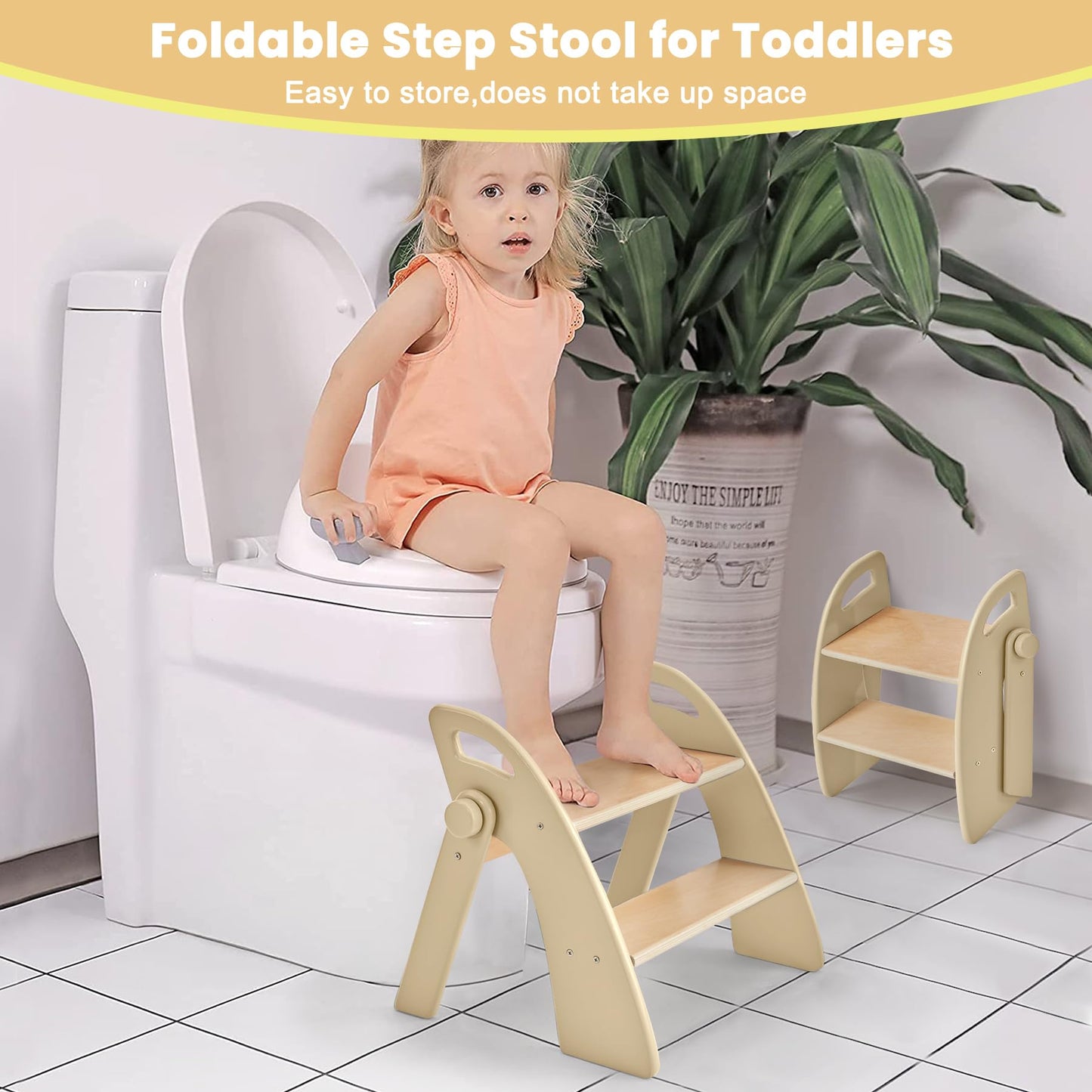Wooden Step Stool, Two Step Stools, 300 lb. Load Capacity, with Safety Non-Slip Pads and Handles, Bamboo Step Stool for Bathroom and Kitchen, Children's Double Height Step Stools(Pink)